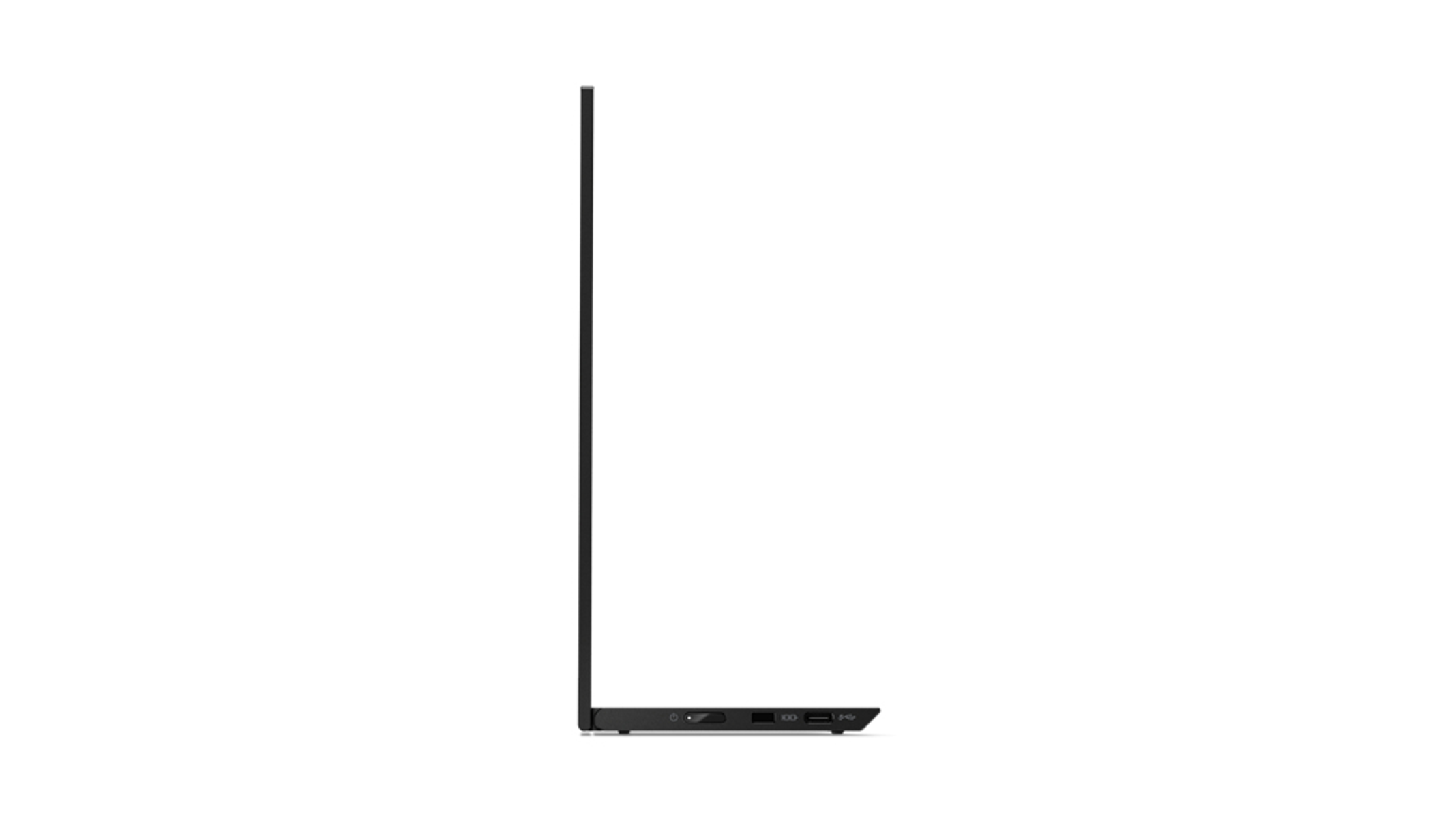 Un portátil negro, visto de perfil, sobre un fondo blanco. La pantalla está cerrada. Parece muy delgado.
