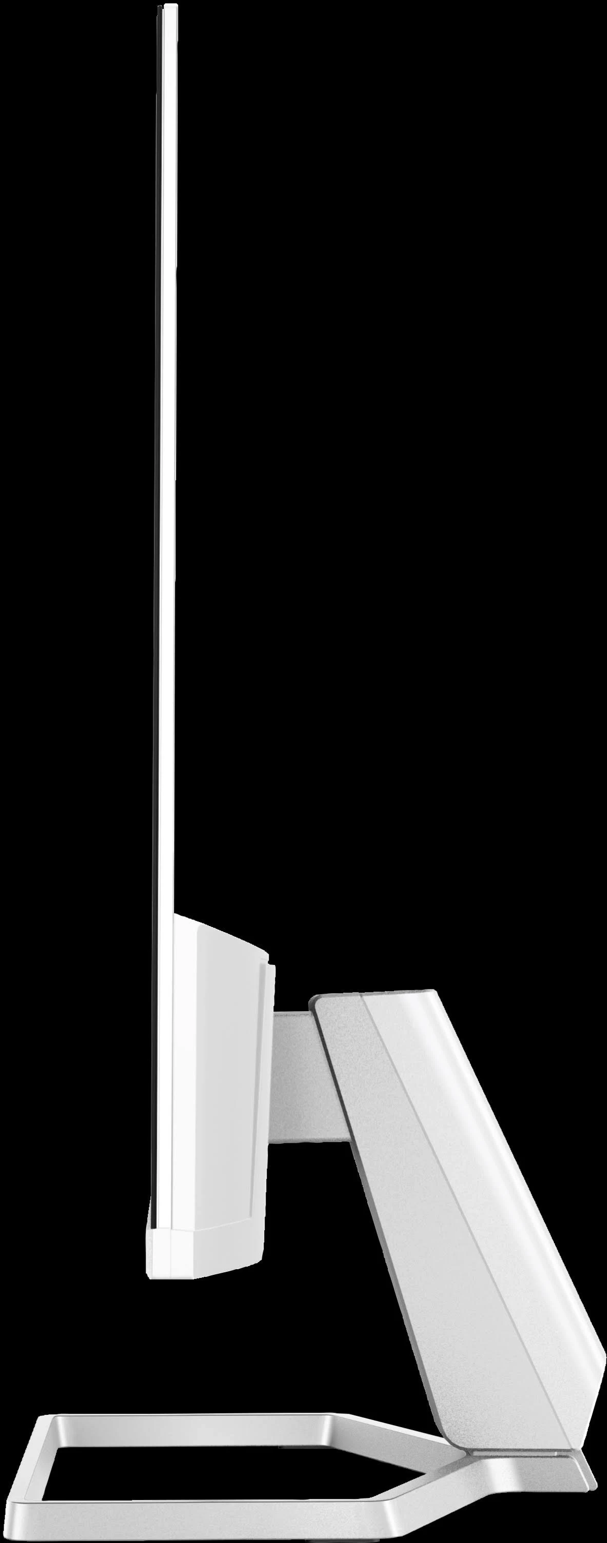Vista laterale di un monitor bianco su un supporto bianco. Lo schermo è sottile.