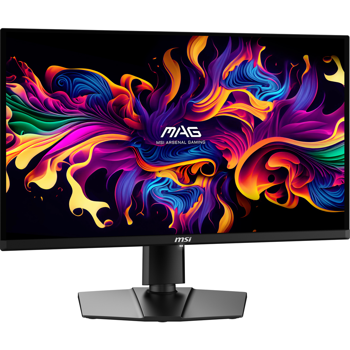 Monitor MSI con display astratto e colorato e base nera.