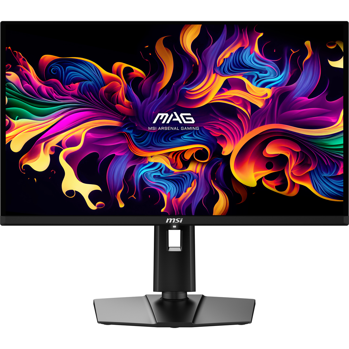 Un monitor MSI nero mostra un'immagine astratta colorata. Il supporto è nero.