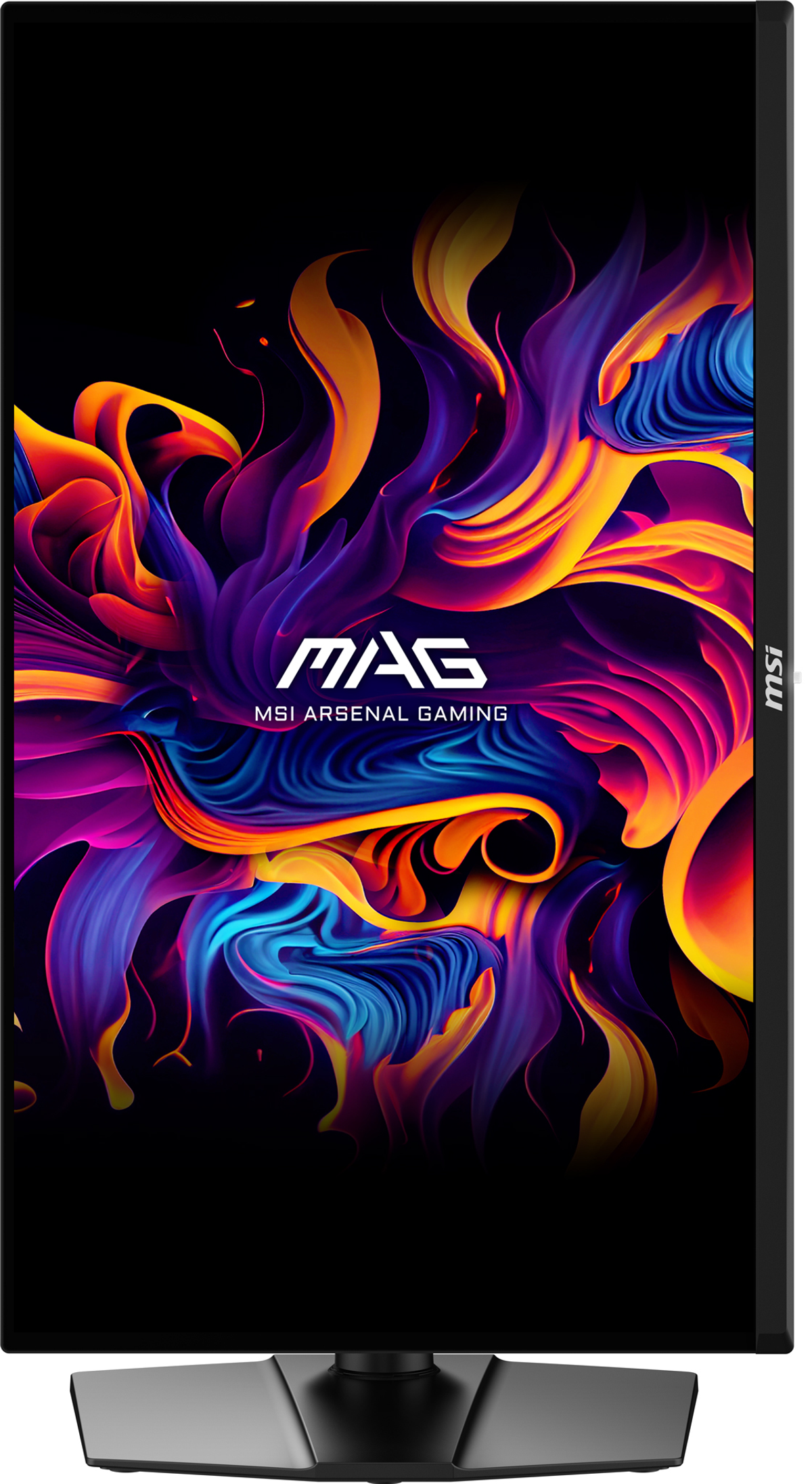 Monitor MSI con opere d'arte astratte e vibranti sullo schermo. Cornice e supporto neri.
