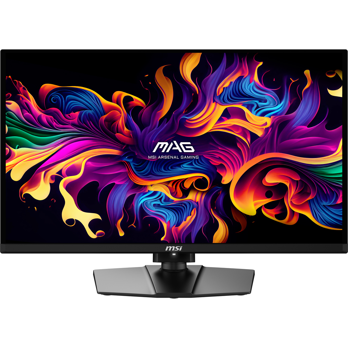 Il monitor MSI mostra arte astratta colorata. Lo schermo è nero con base angolare.
