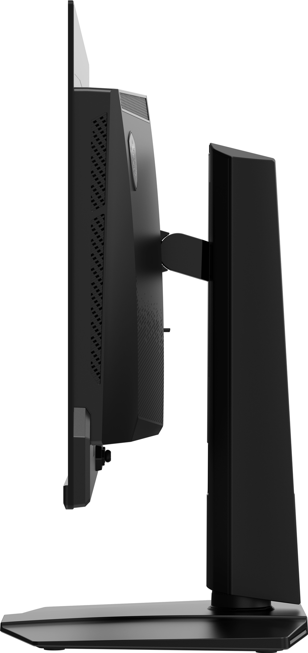 Vista laterale del monitor gaming nero, che mostra supporto, porte e profilo laterale.