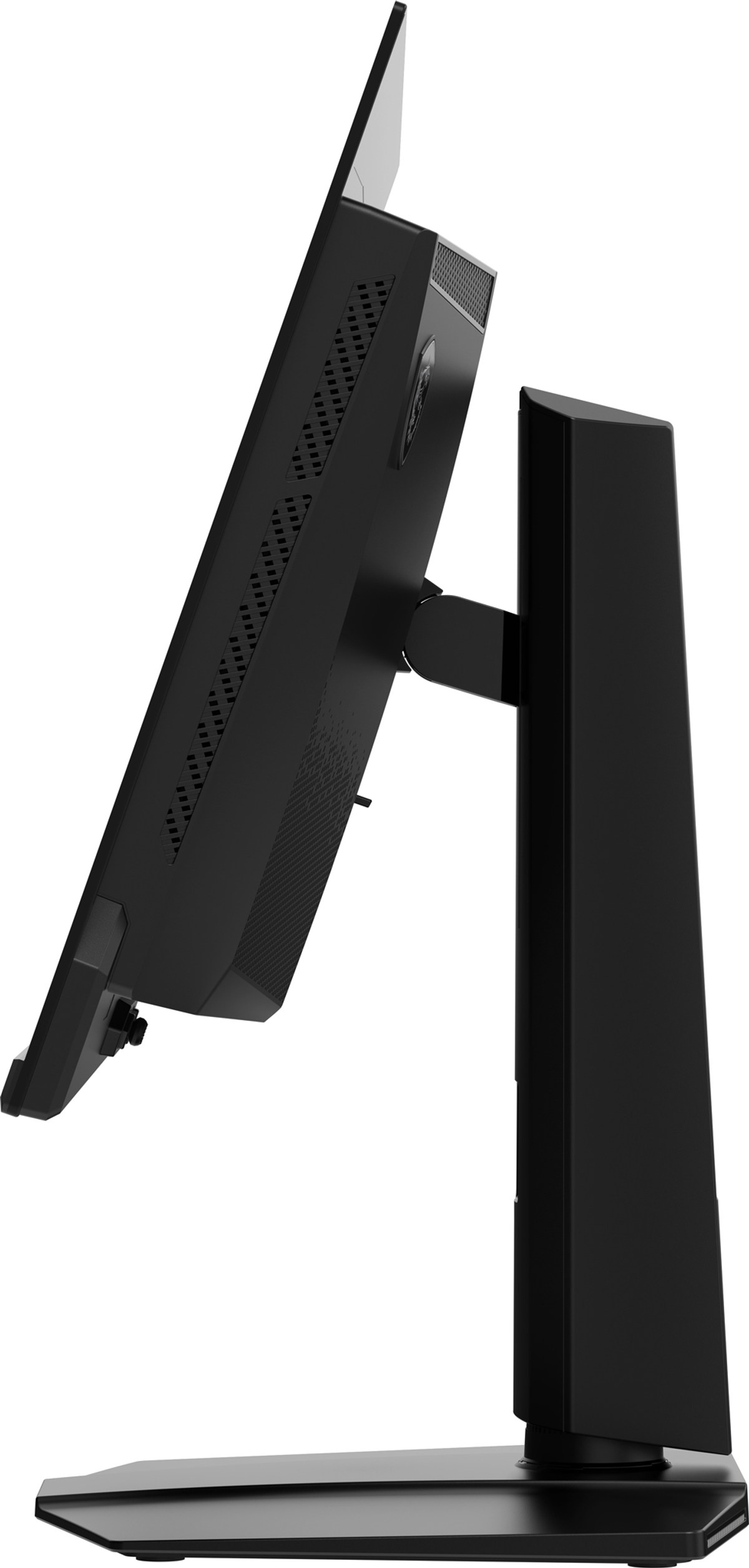 Vista posteriore del monitor nero. Logo Lenovo in alto. Porta cavo rosso. Sfondo bianco.