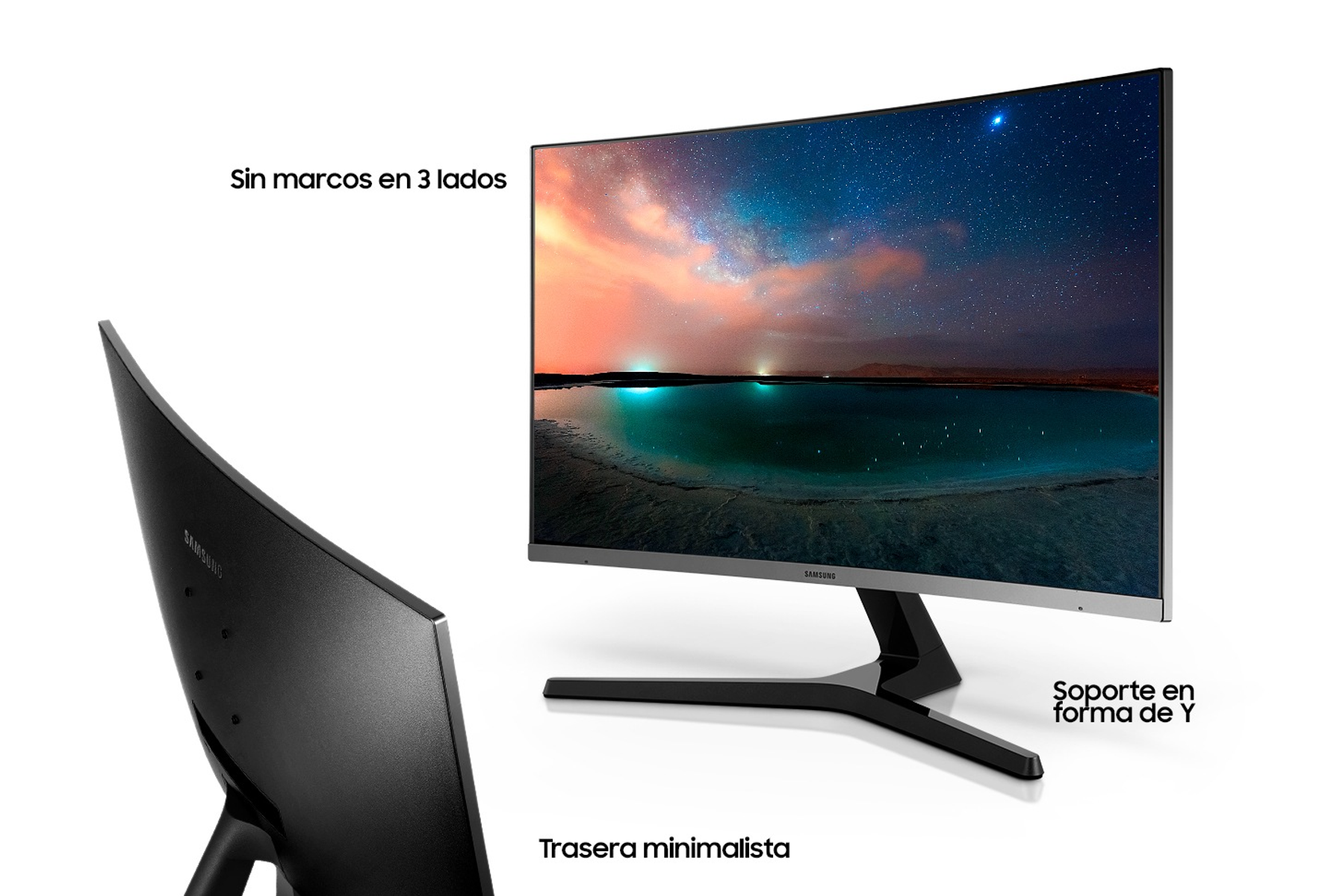 Monitor Samsung curvo con retro minimale, vista laterale e testo in spagnolo. Sfondo bianco.