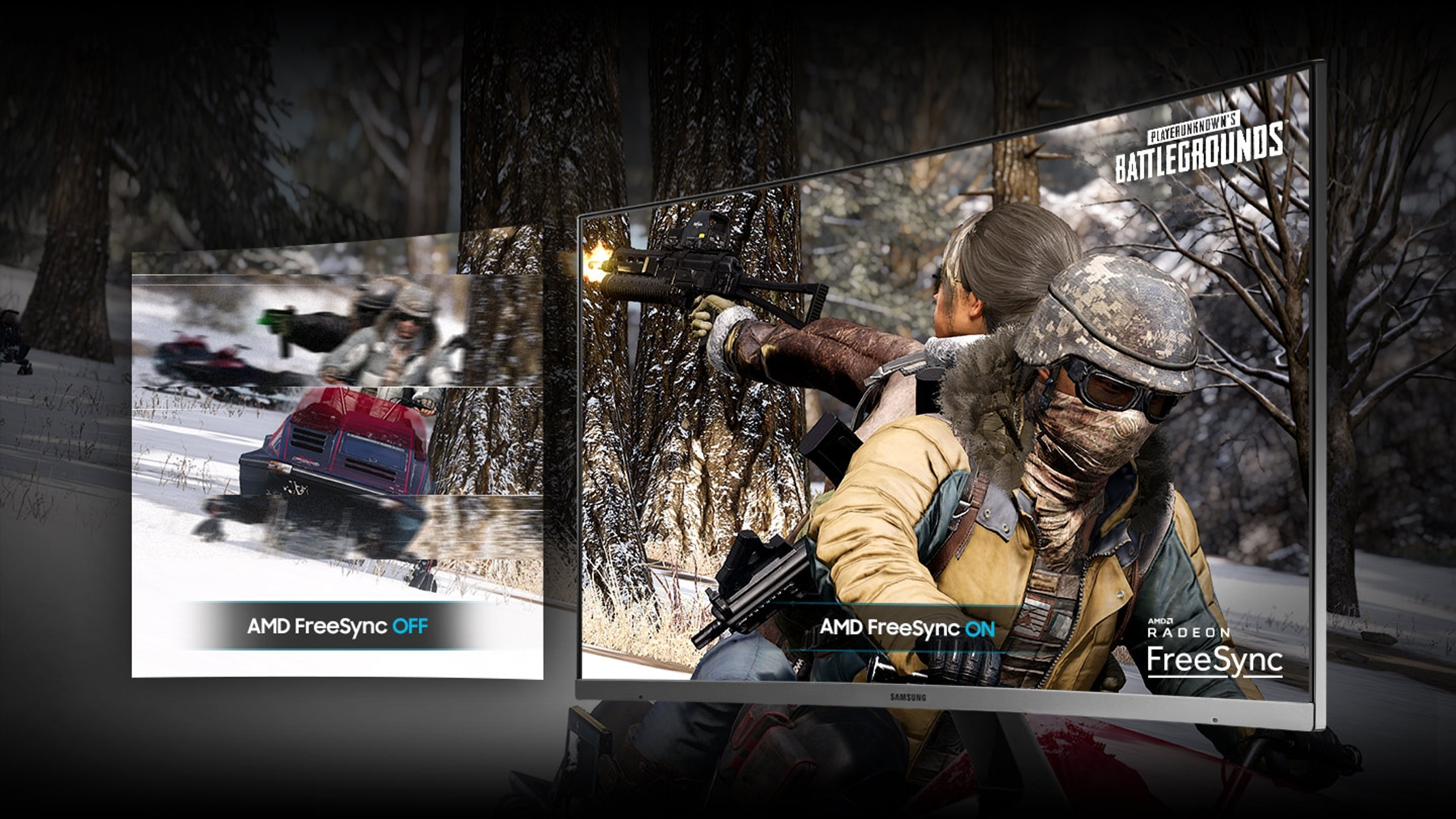 Monitor che mostra un confronto di scene di gioco: AMD FreeSync Off vs On.