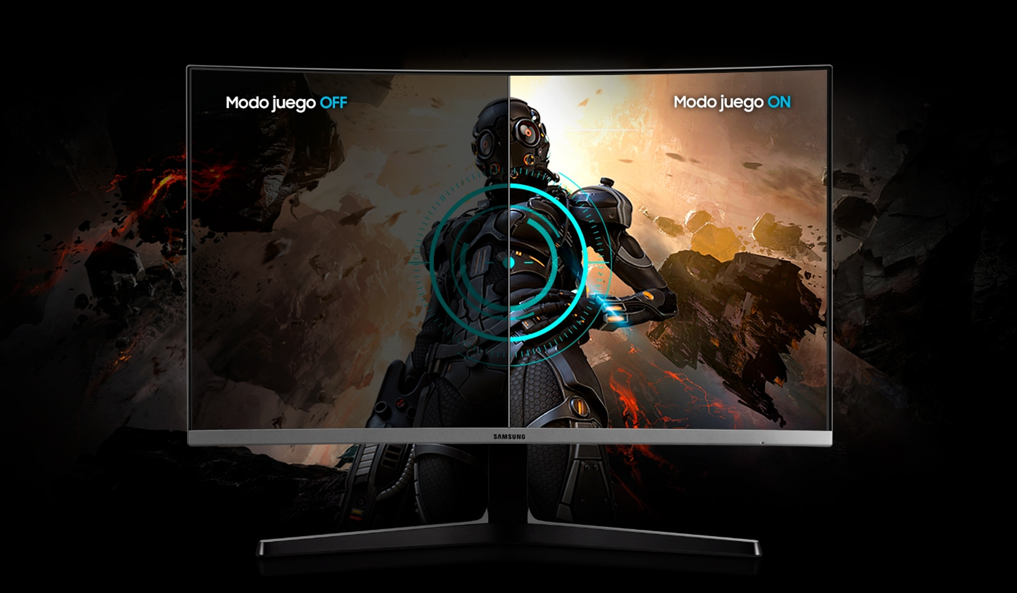 Un monitor Samsung curvo che mostra i confronti della modalità gioco spenta e accesa con un personaggio cyborg.
