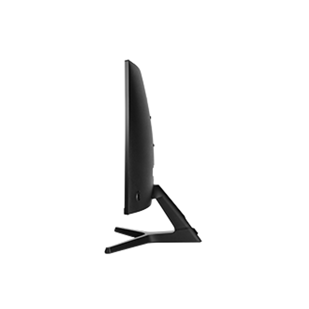 Una vista laterale di un monitor nero, che mostra il suo profilo sottile e il supporto su sfondo scuro.