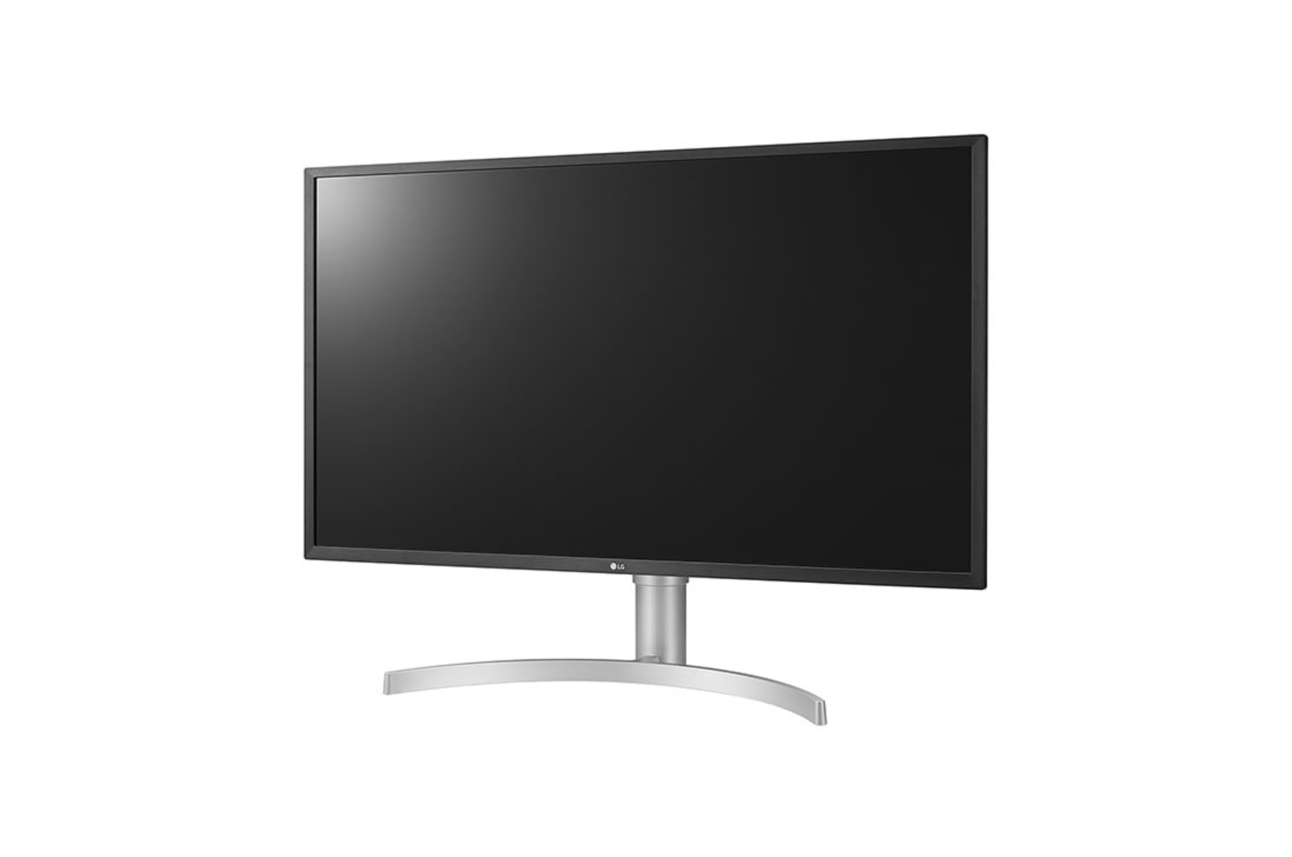 Un monitor negro con soporte plateado, aislado sobre fondo blanco. La pantalla está en blanco.