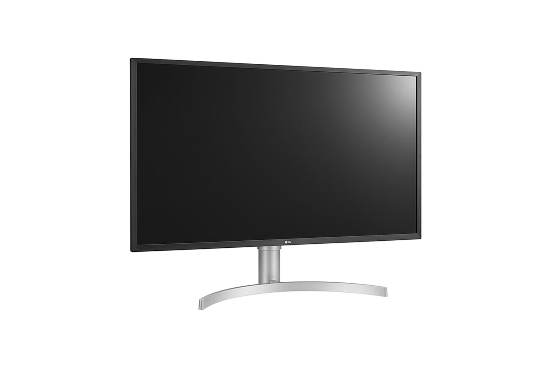 Monitor negro sobre soporte plateado mostrando pantalla negra, fondo blanco.