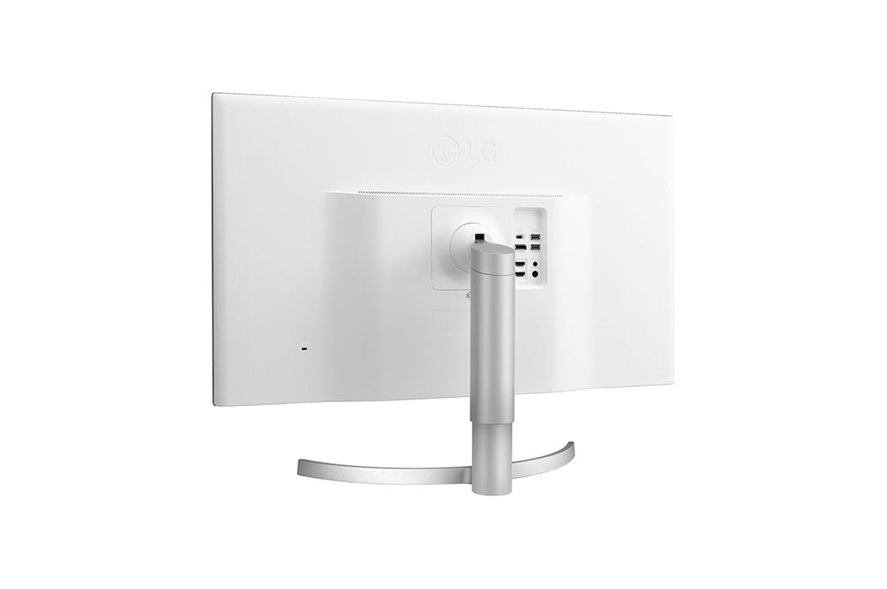 Vista trasera de un monitor de computadora blanco con soporte curvo sobre fondo blanco, mostrando puertos.