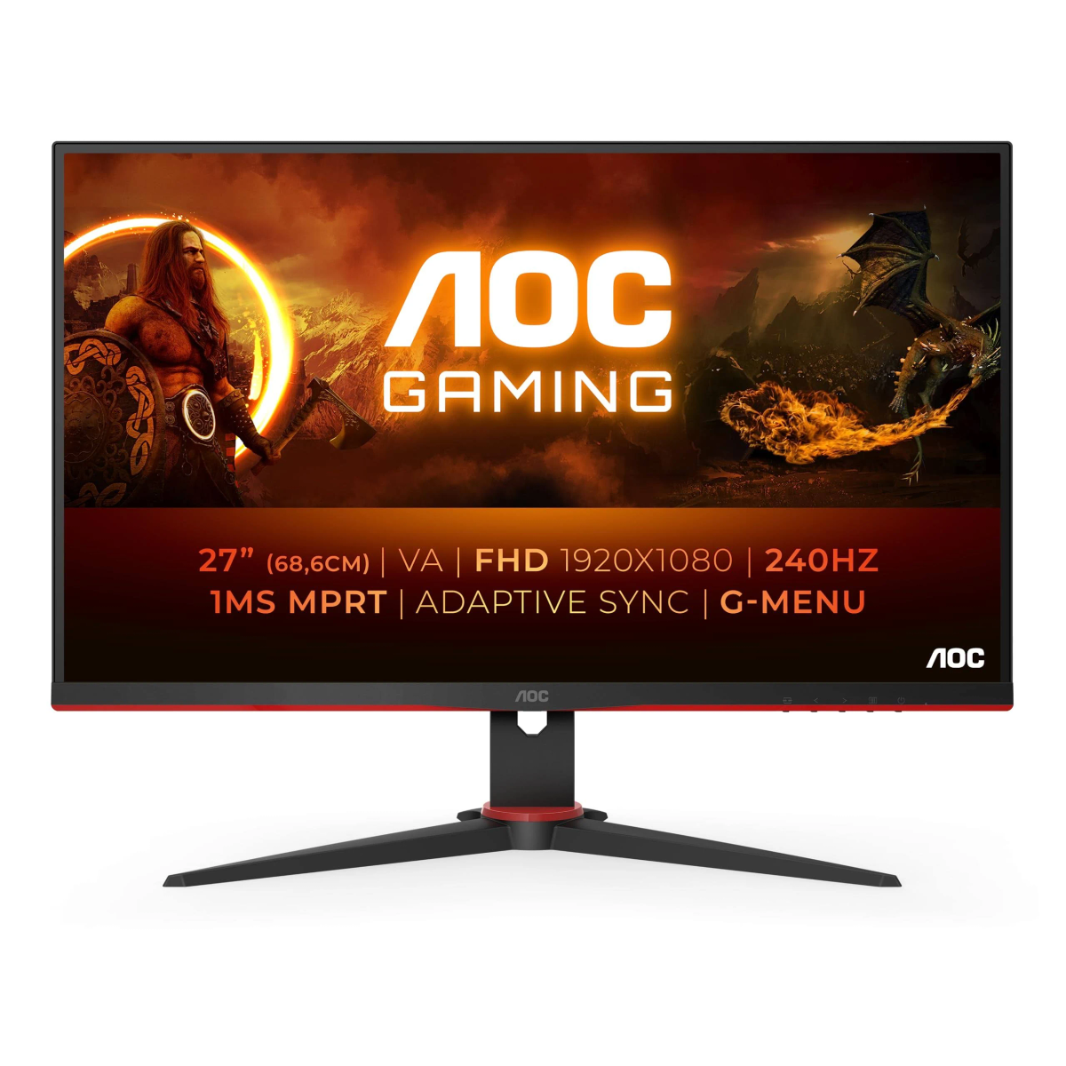 Monitor gaming AOC con un giocatore e un drago sullo schermo, con specifiche.