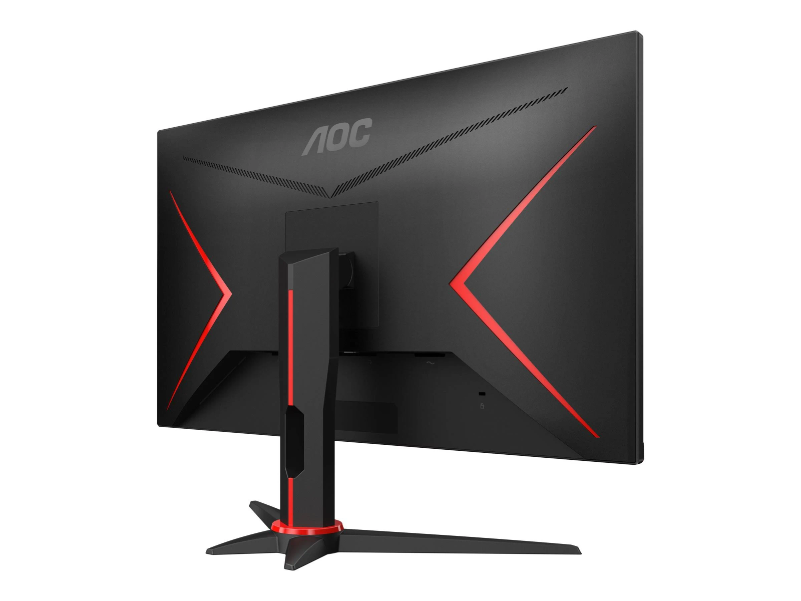 Vista posteriore di un monitor nero con dettagli rossi e logo AOC.