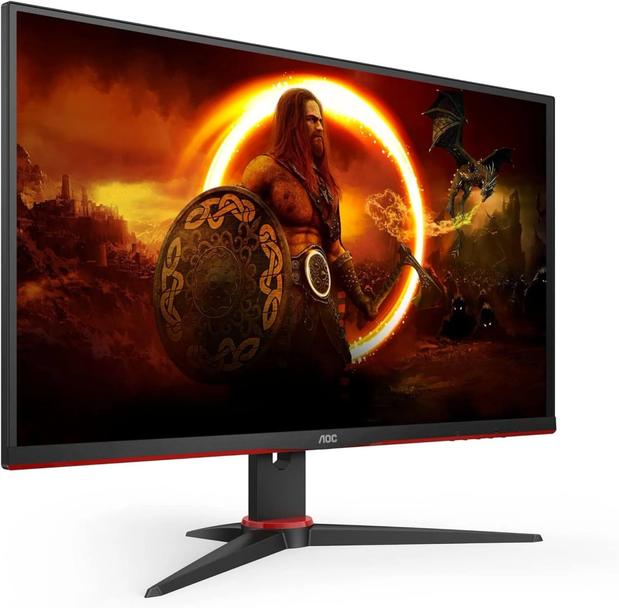 Monitor AOC che mostra una scena fantasy con un guerriero e un drago.