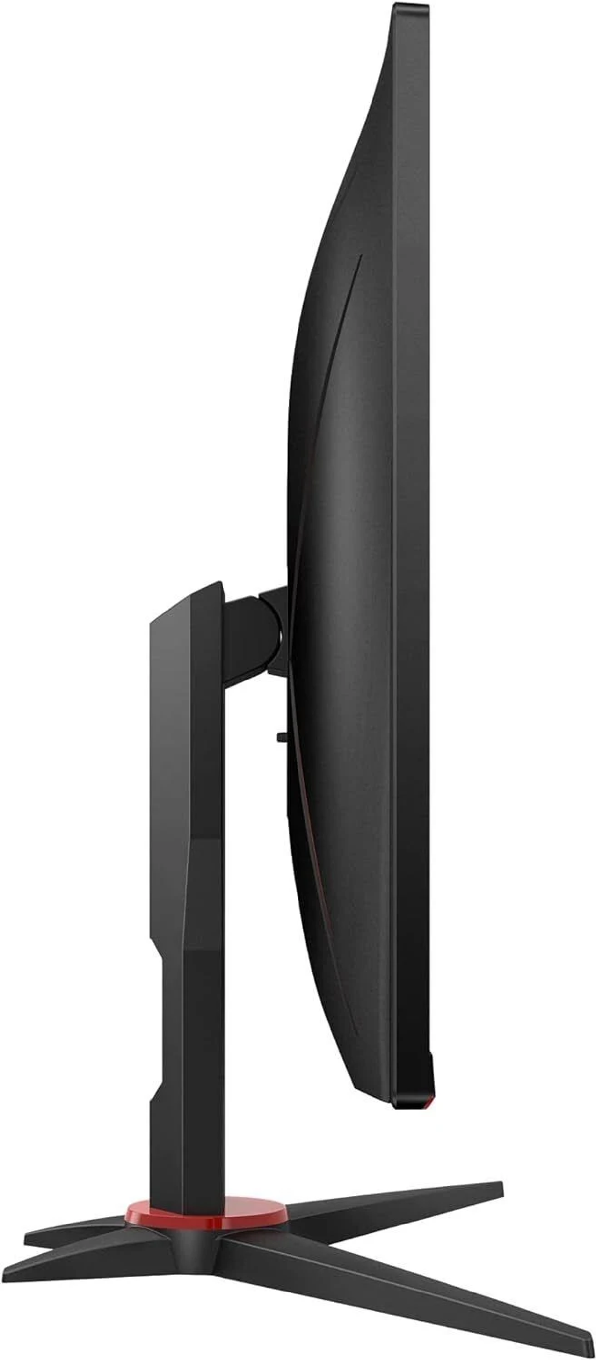 Vista laterale di un monitor nero con un accento rosso sulla base. Il supporto è nero.