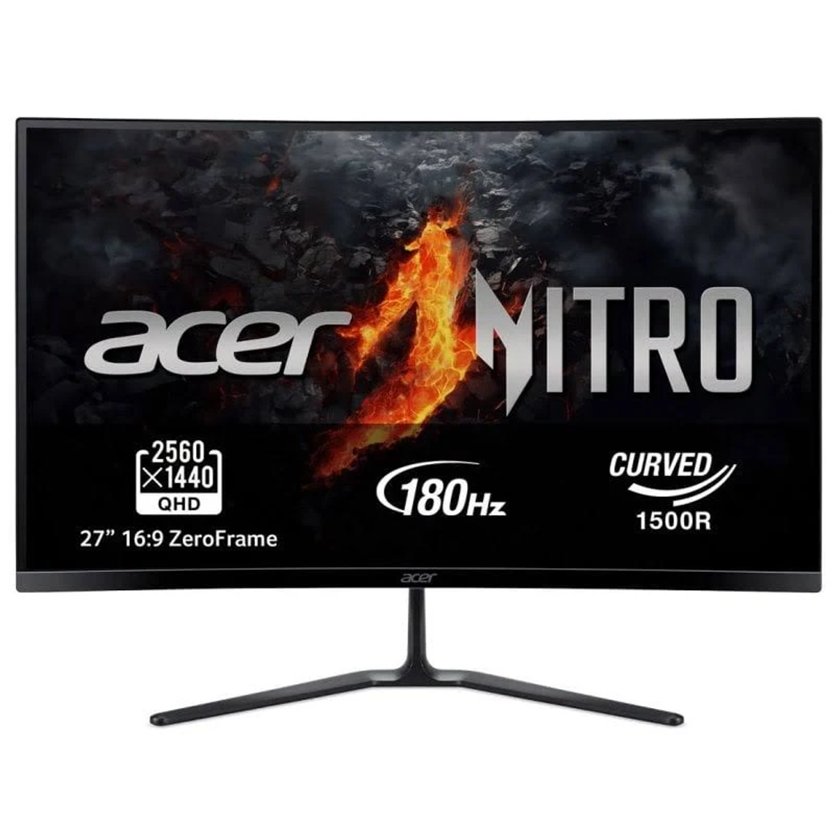 Monitor Acer Nitro curvo con logo y especificaciones sobre fondo blanco.