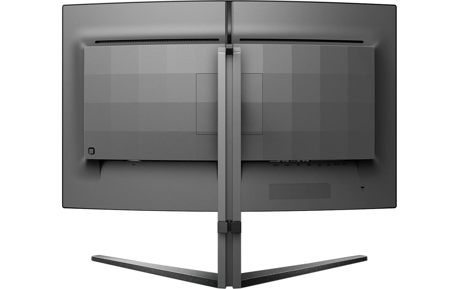 Dwa monitory połączone, widok z tyłu, czarny i szary.