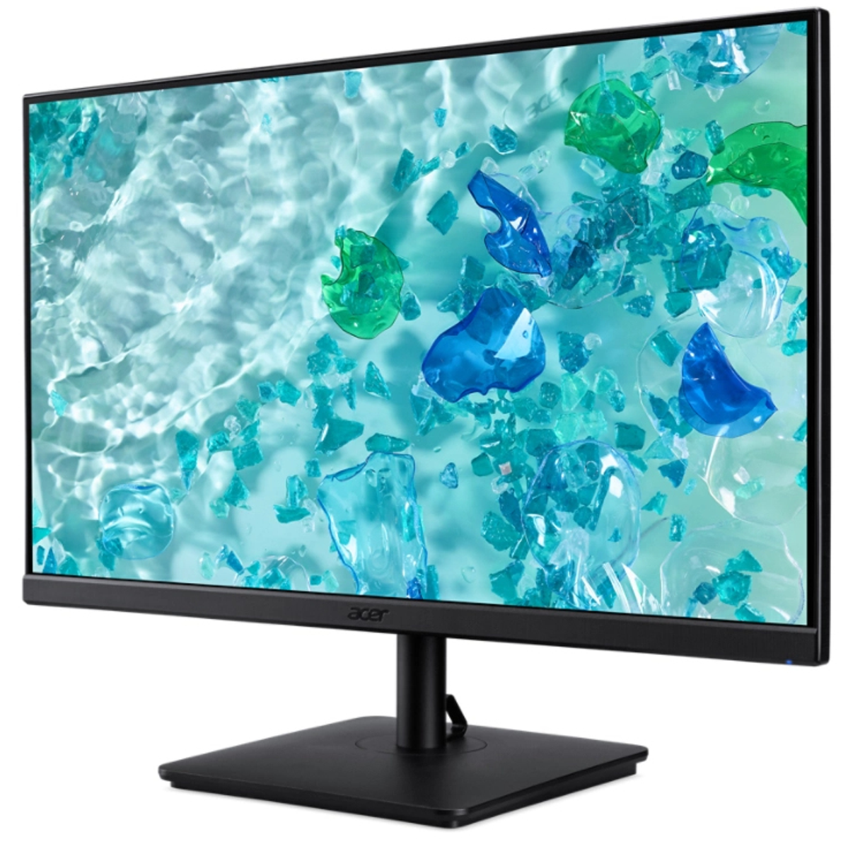 Monitor Acer wyświetla obraz wodny z niebieskimi i zielonymi abstrakcyjnymi kształtami. Stoi na czarnej podstawie.