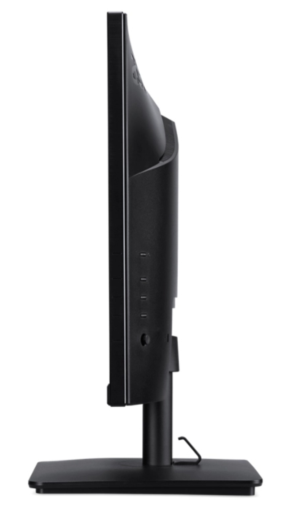 Widok z boku czarnego monitora z podstawą, na białym tle.