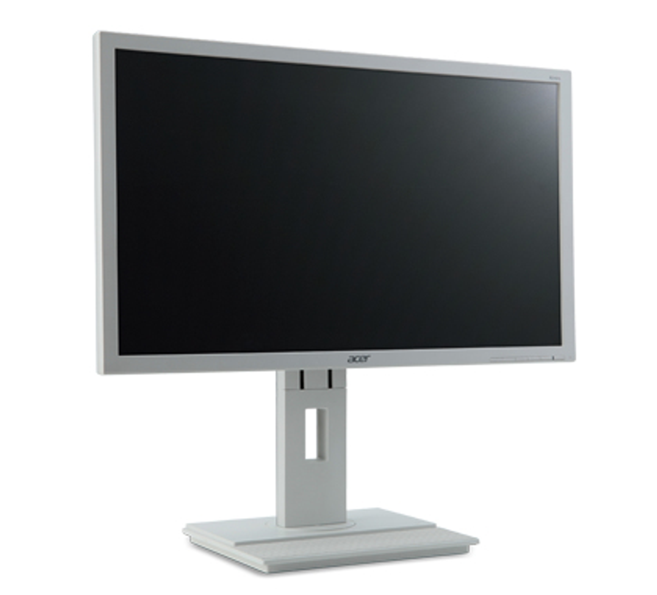 Un monitor Acer sobre un soporte blanco. La pantalla es negra con marco blanco. La base es blanca.