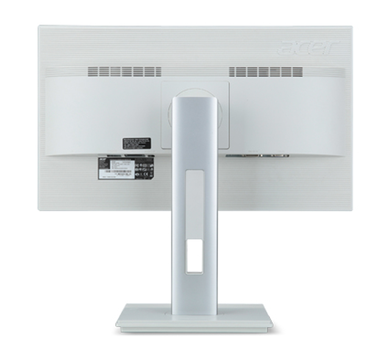 Vista trasera de un monitor Acer con carcasa y soporte blancos. El soporte es plateado.