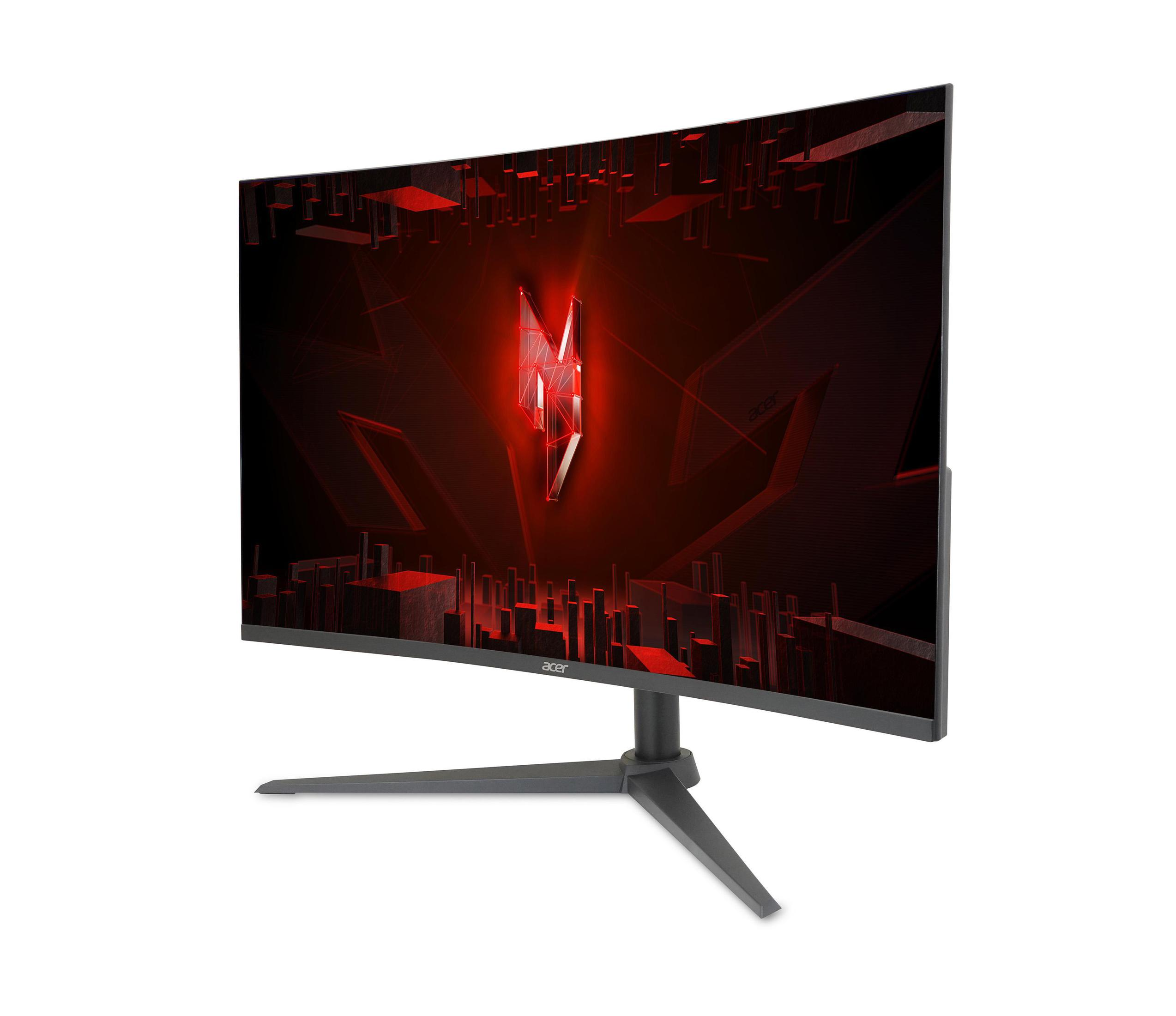 Zakrzywiony monitor Acer wyświetla czerwony geometryczny wzór na czarnym ekranie, ze szarą podstawką.