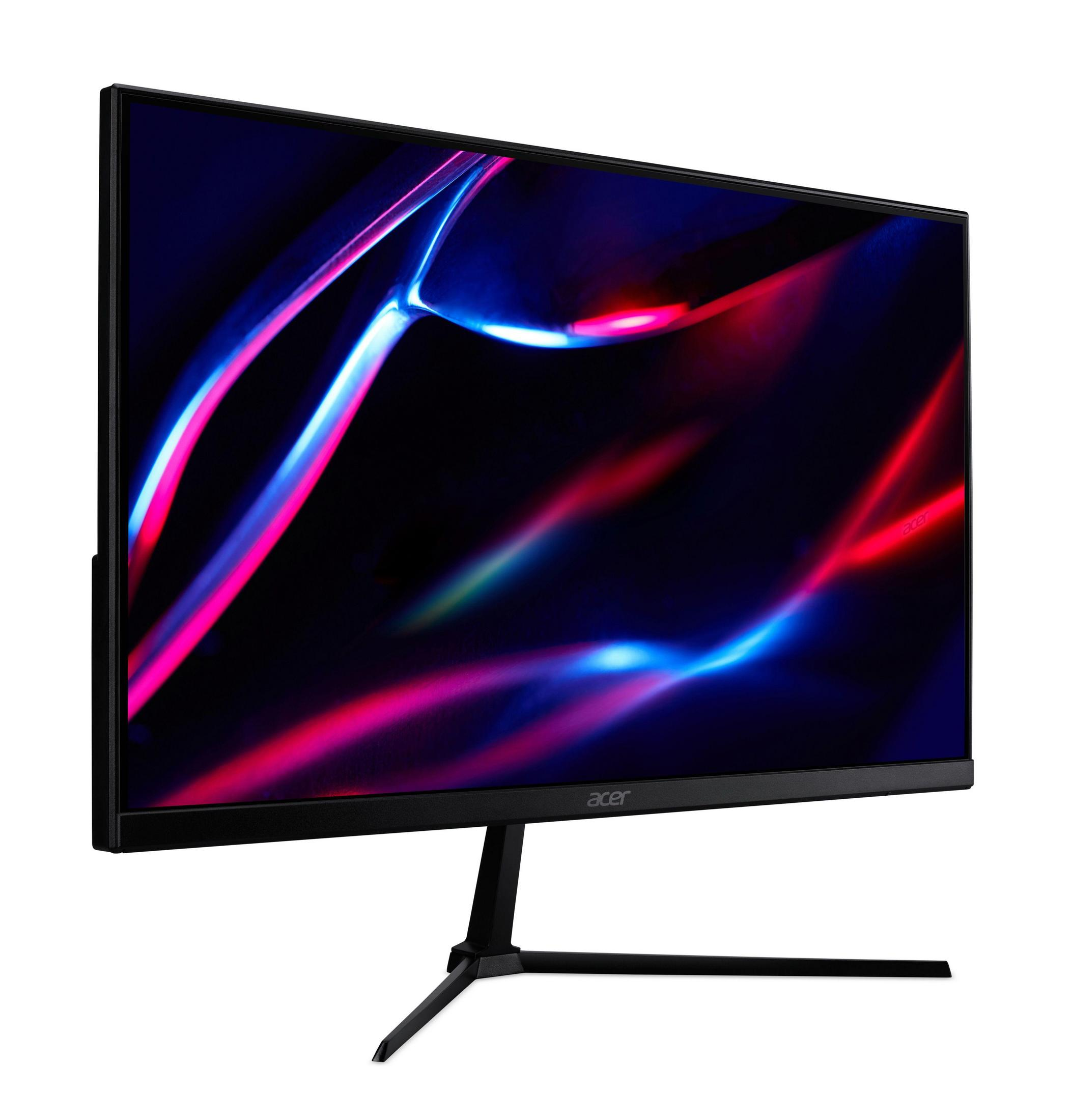 Monitor del computer nero, angolato, con display vibrante di scie luminose blu e rosse.