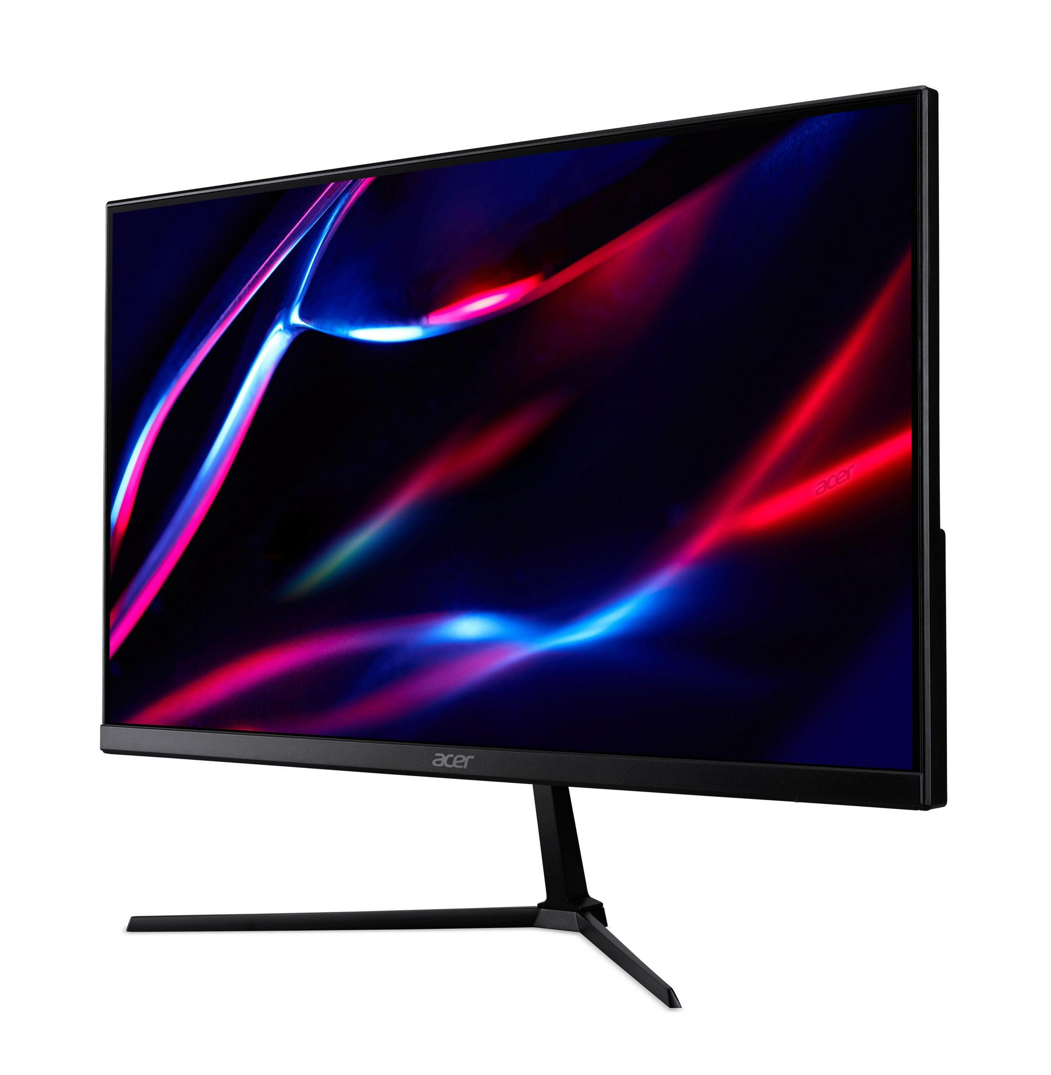Monitor Acer nero che mostra scie di luce astratte rosse, blu e viola su sfondo scuro.