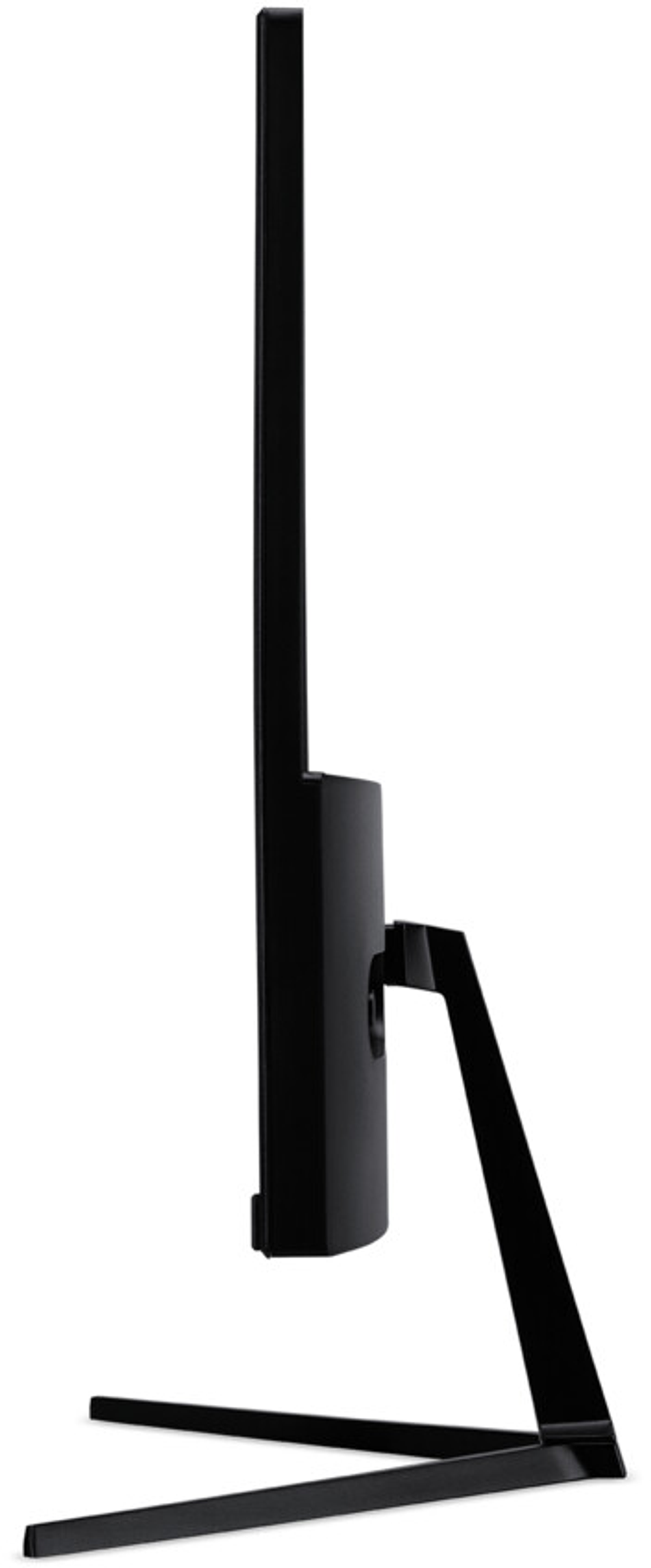 Monitor del computer nero di lato con supporto. È su sfondo bianco.