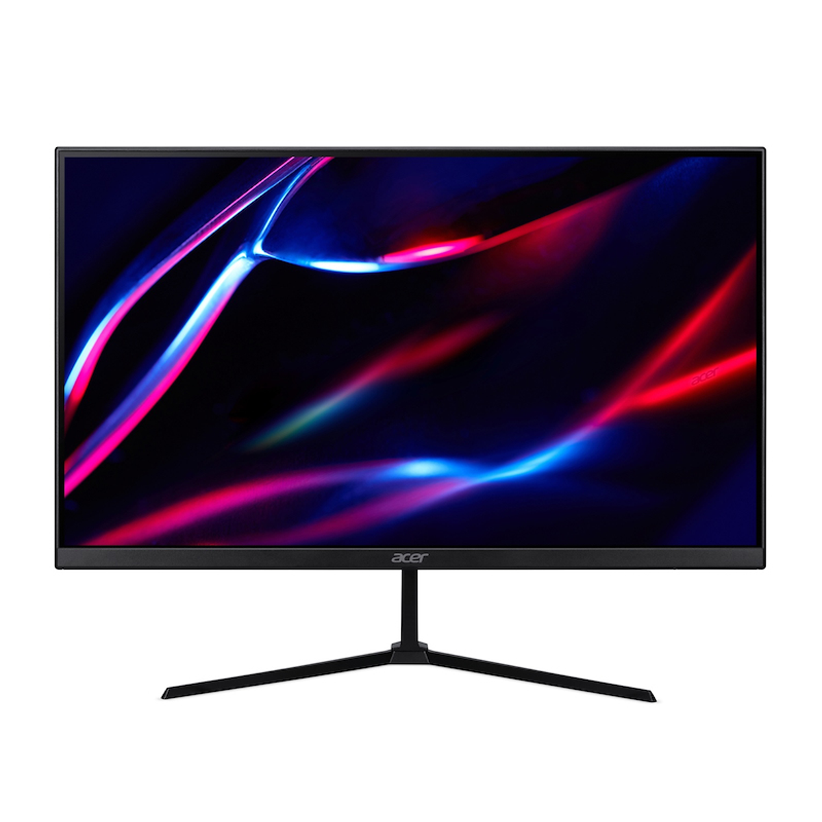 Monitor Acer con cornice e supporto neri, immagine astratta colorata.