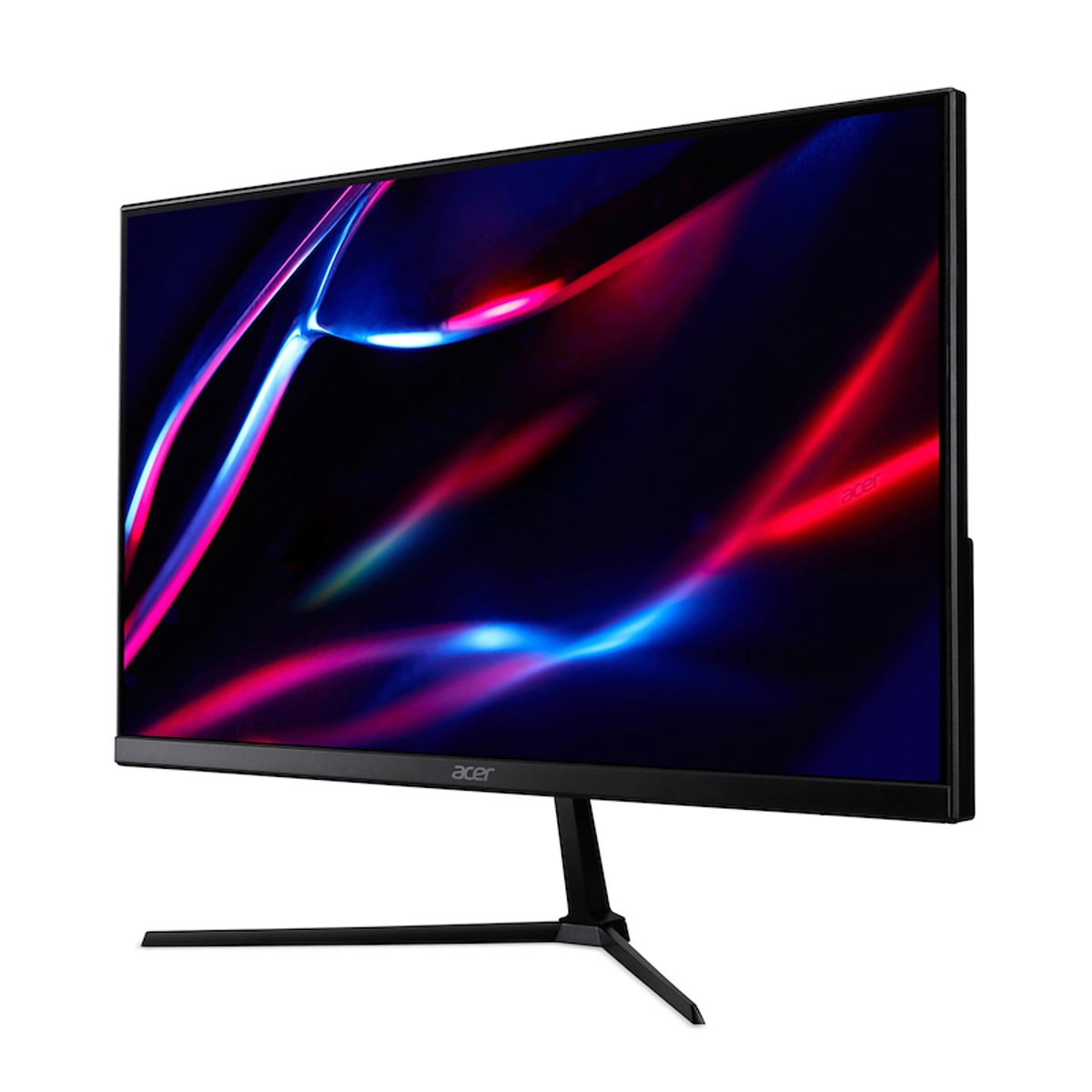 Monitor Acer, angolato, che mostra un display con un design astratto colorato. Supporto nero, sfondo bianco.