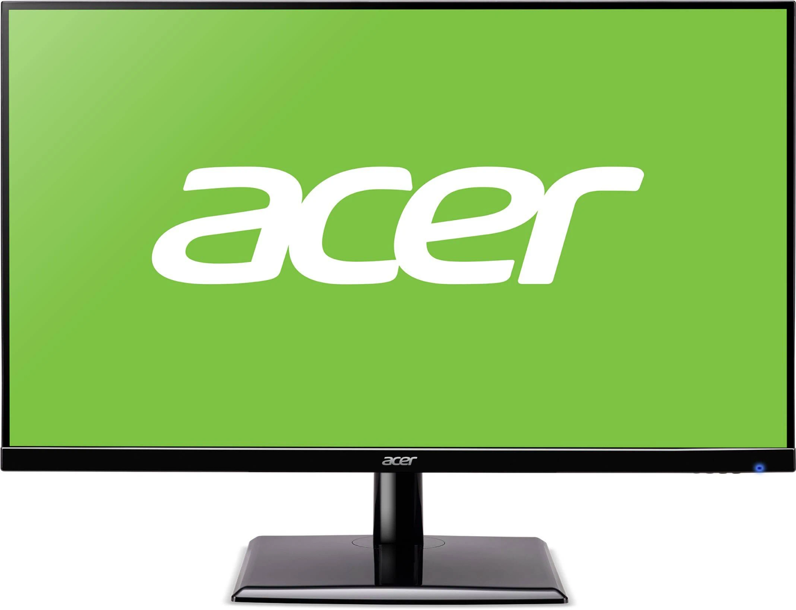 An Acer monitor displaying the Acer logo on a green background. The monitor sits on a black stand.