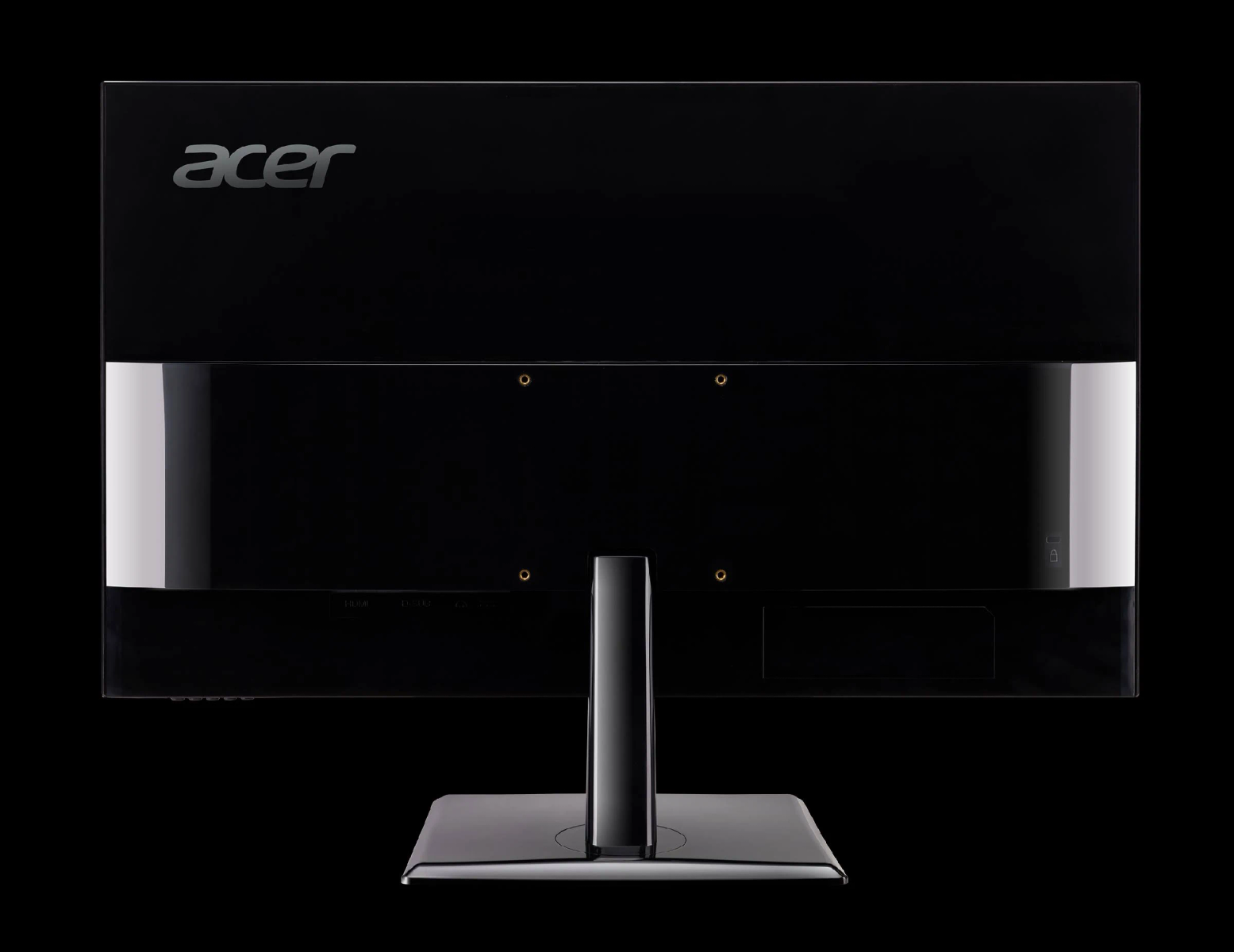 Black Acer monitor, back view, with the Acer logo. The stand is black.