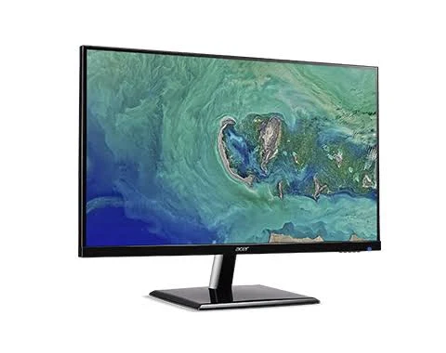 An Acer monitor displaying an abstract green and blue image, angled to the side on a white background.