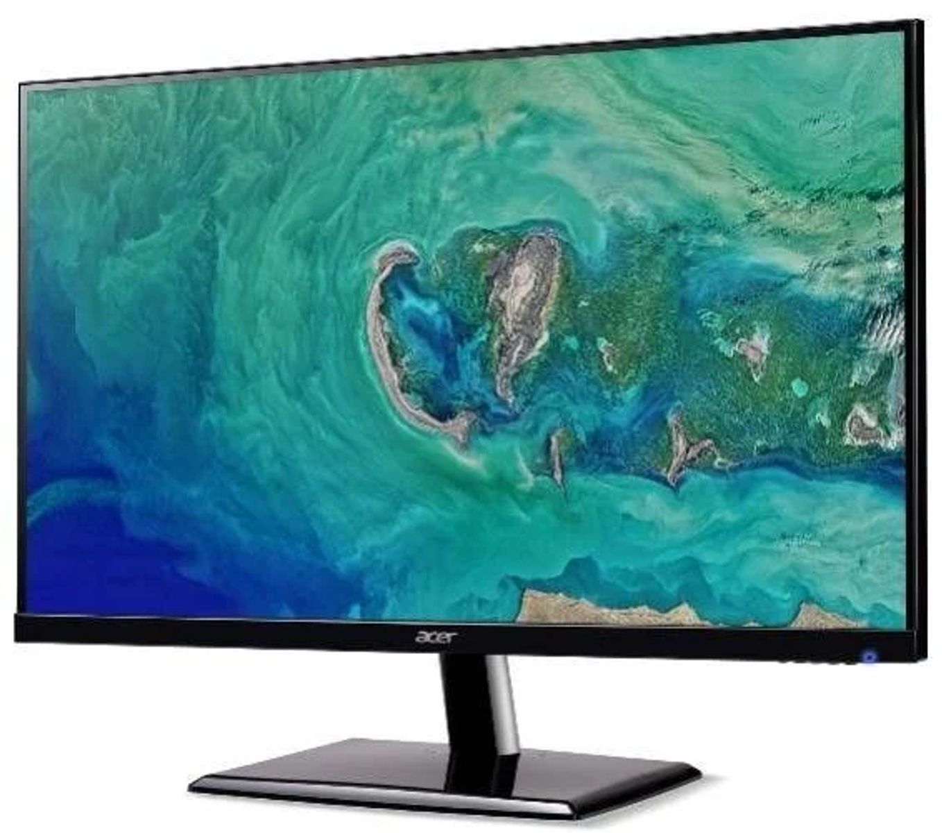 Acer monitor displaying an abstract green and blue design. Black frame and stand. Acer logo is visible.