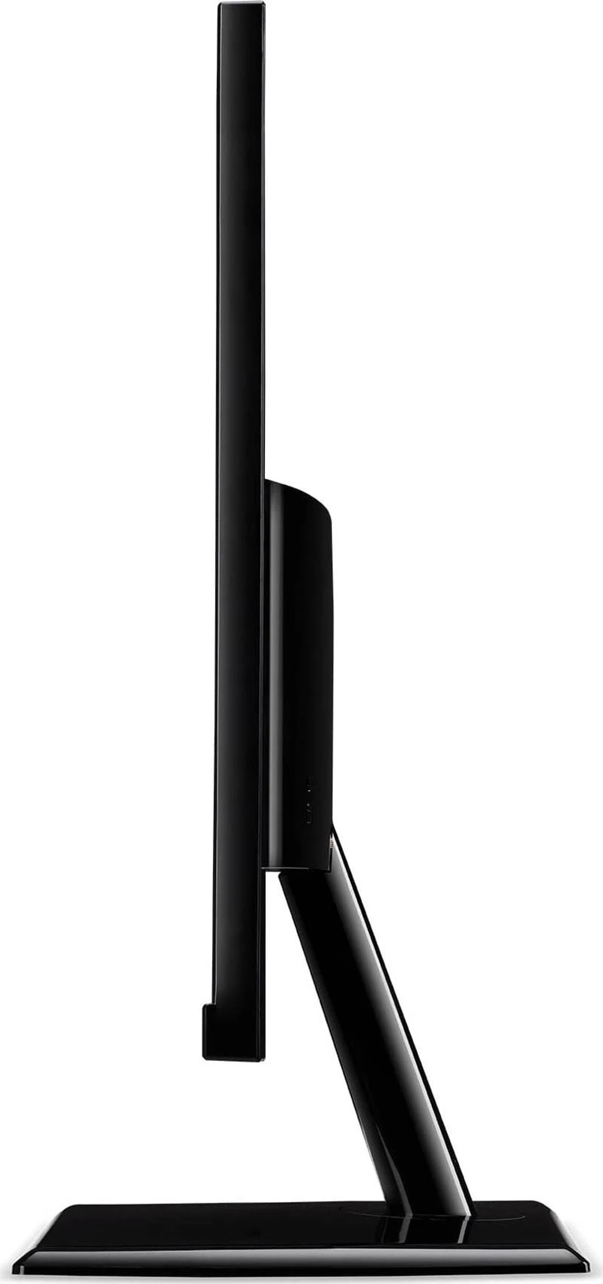 A black monitor seen from the side, displaying a sleek and thin profile with a black stand.