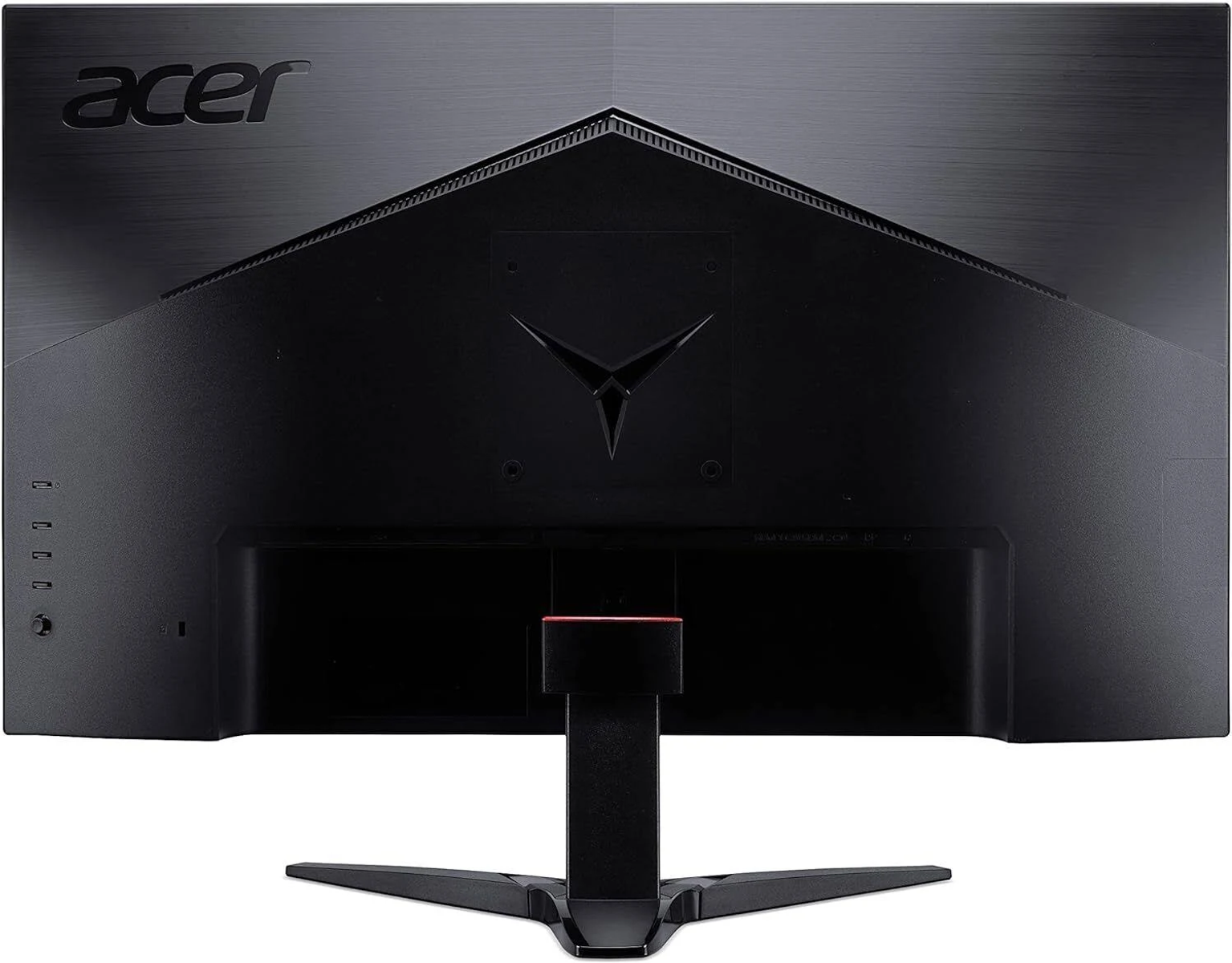 Parte trasera de un monitor, negro, con puertos y fijación del soporte.
