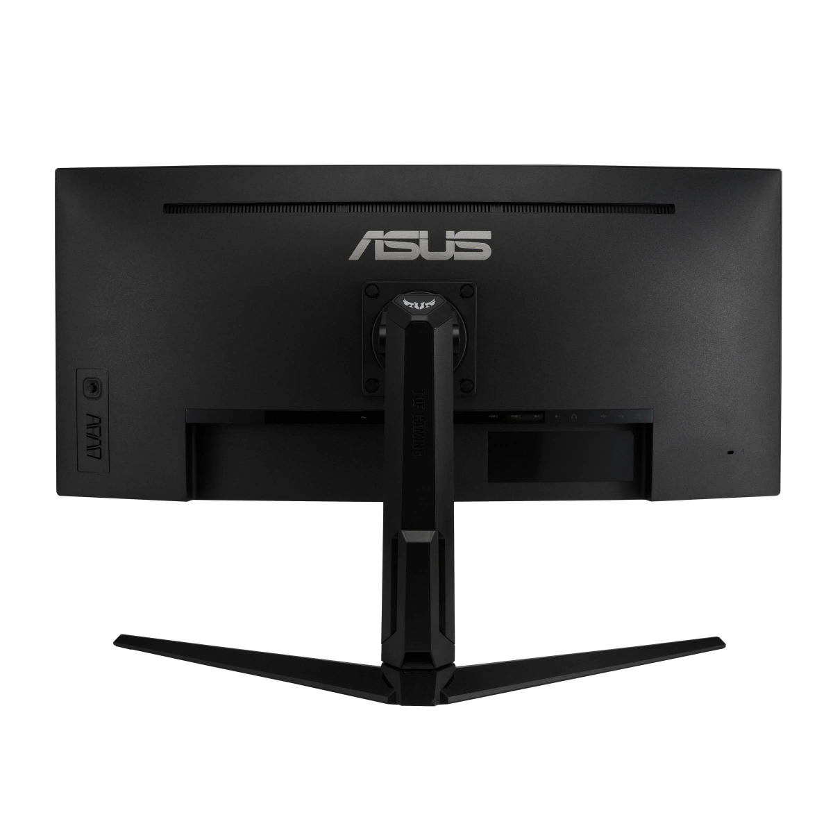 Vista trasera del monitor ASUS, negro, soporte y logo visibles.
