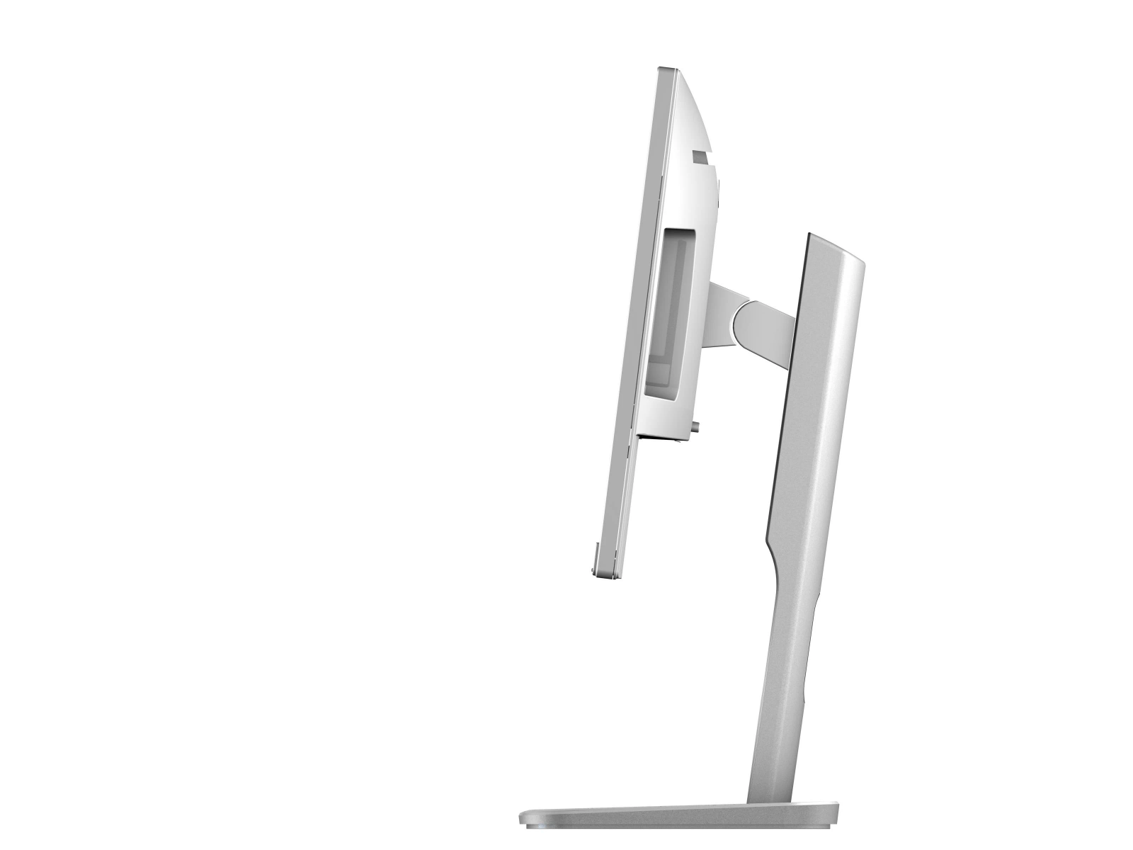 Vista laterale di un monitor d'argento. Il supporto è argentato e lo schermo è scuro.