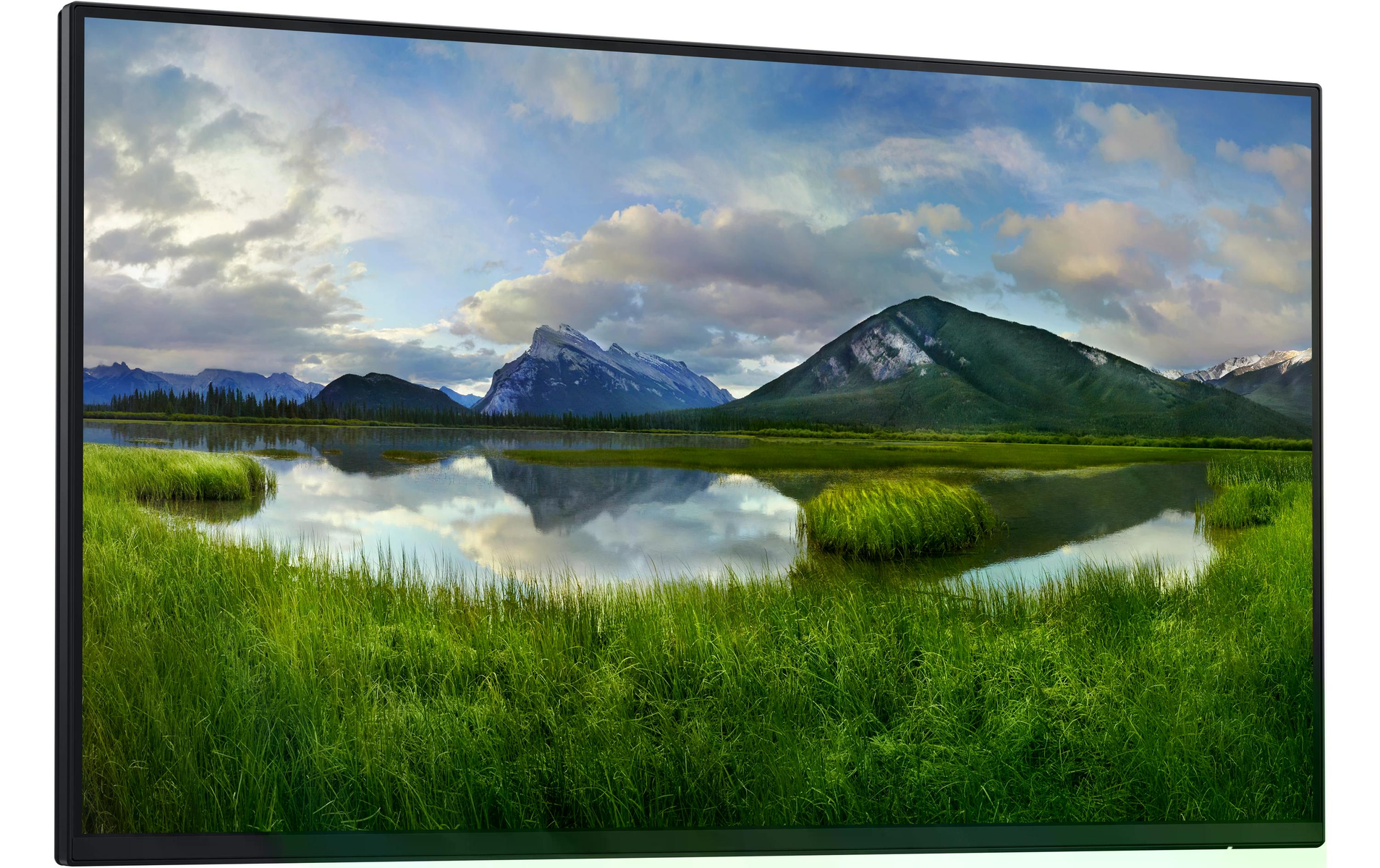Szeroki monitor wyświetlający krajobraz z górami i jeziorem.