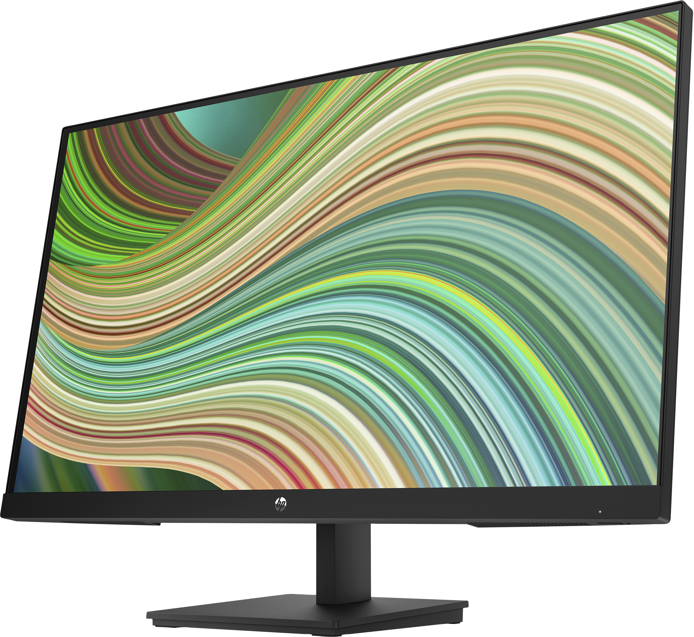 Monitor HP che mostra arte astratta colorata su sfondo bianco.