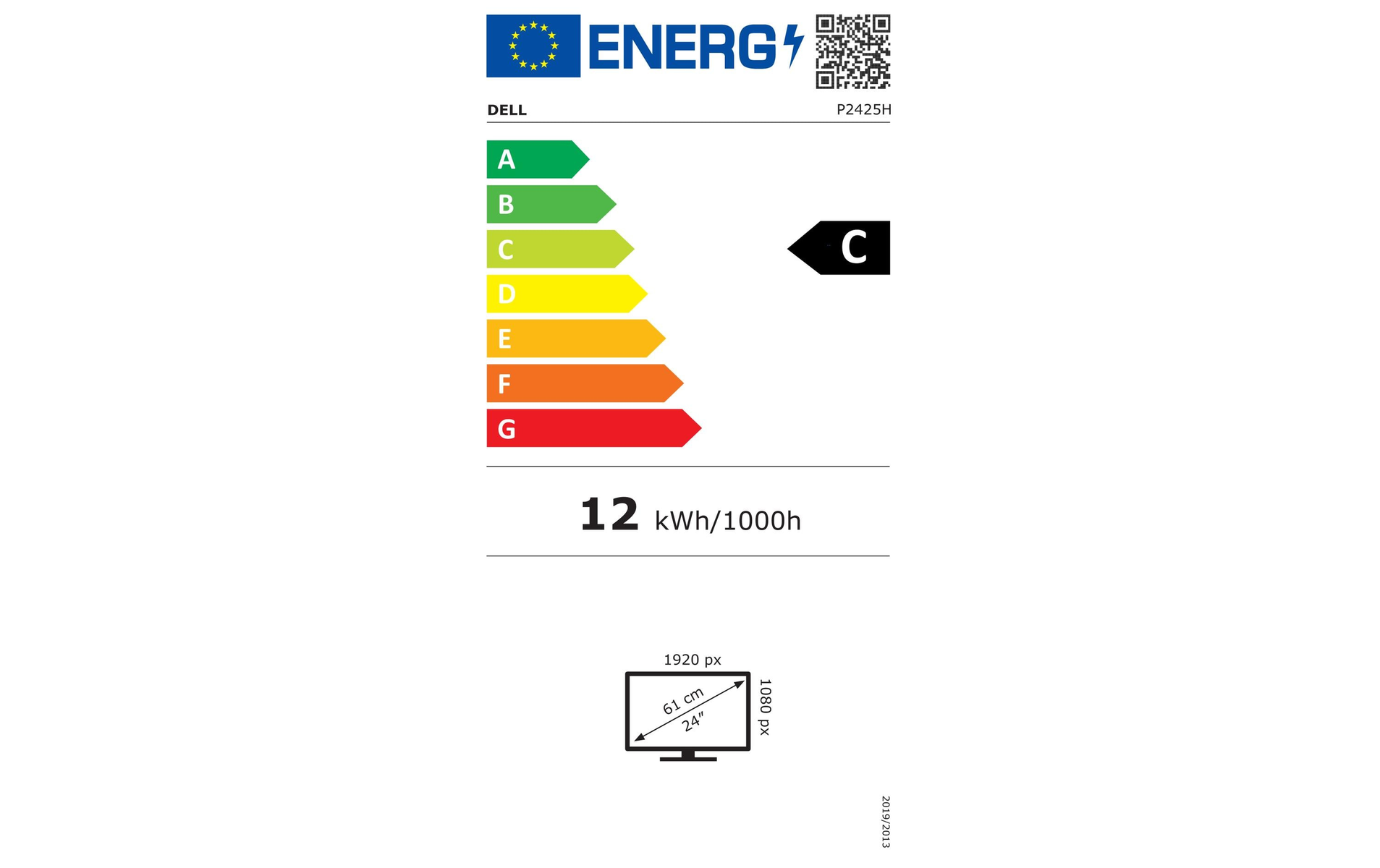 Etykieta energetyczna dla monitora z logo Dell i informacjami o efektywności energetycznej.