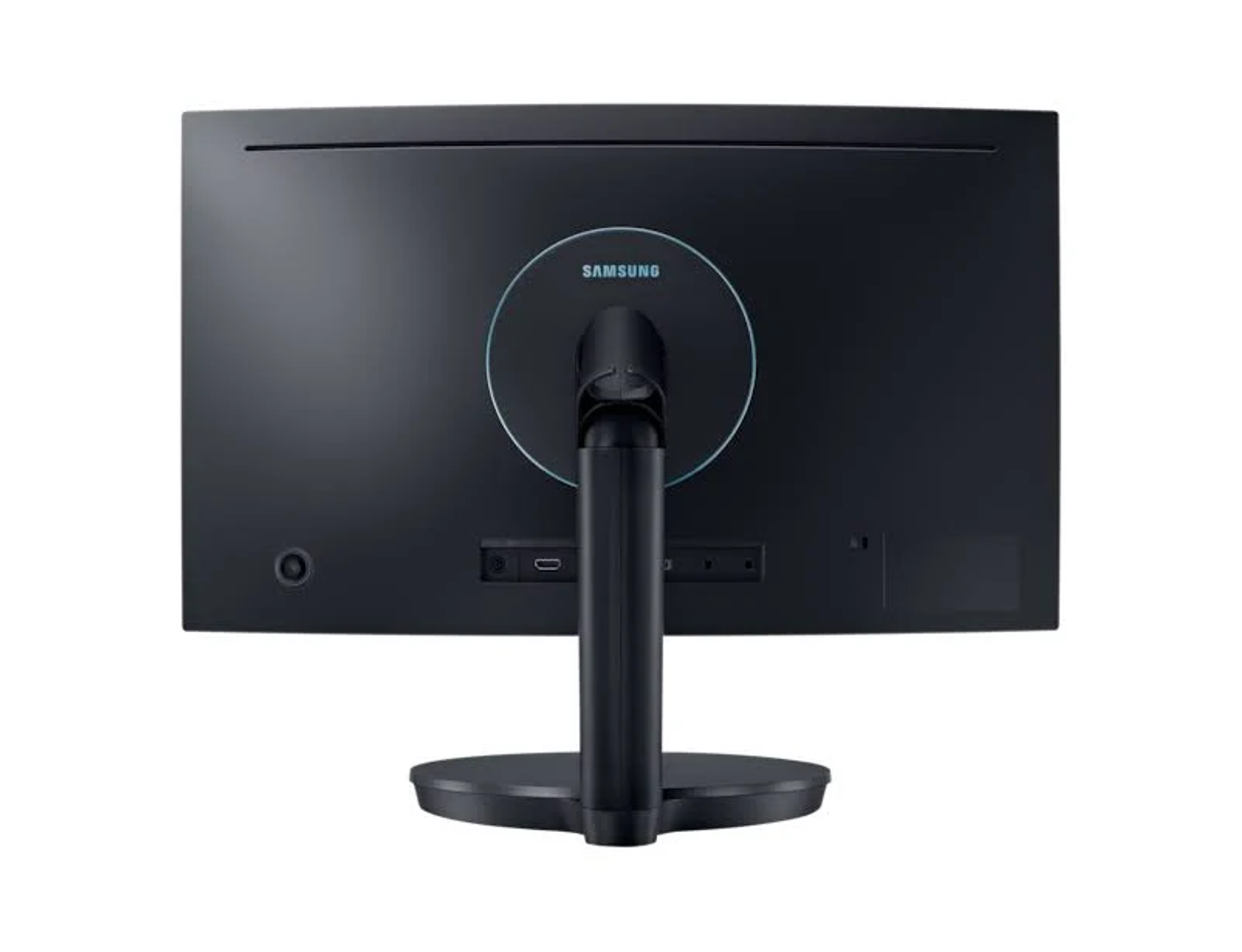 Vista posteriore di un monitor Samsung nero con varie porte, sfondo bianco.