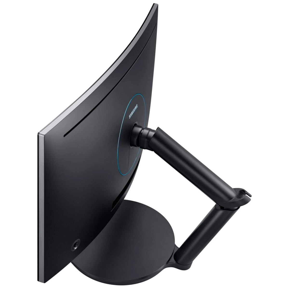 Il retro di un monitor curvo Samsung con cornice e supporto neri, che mostra le connessioni.