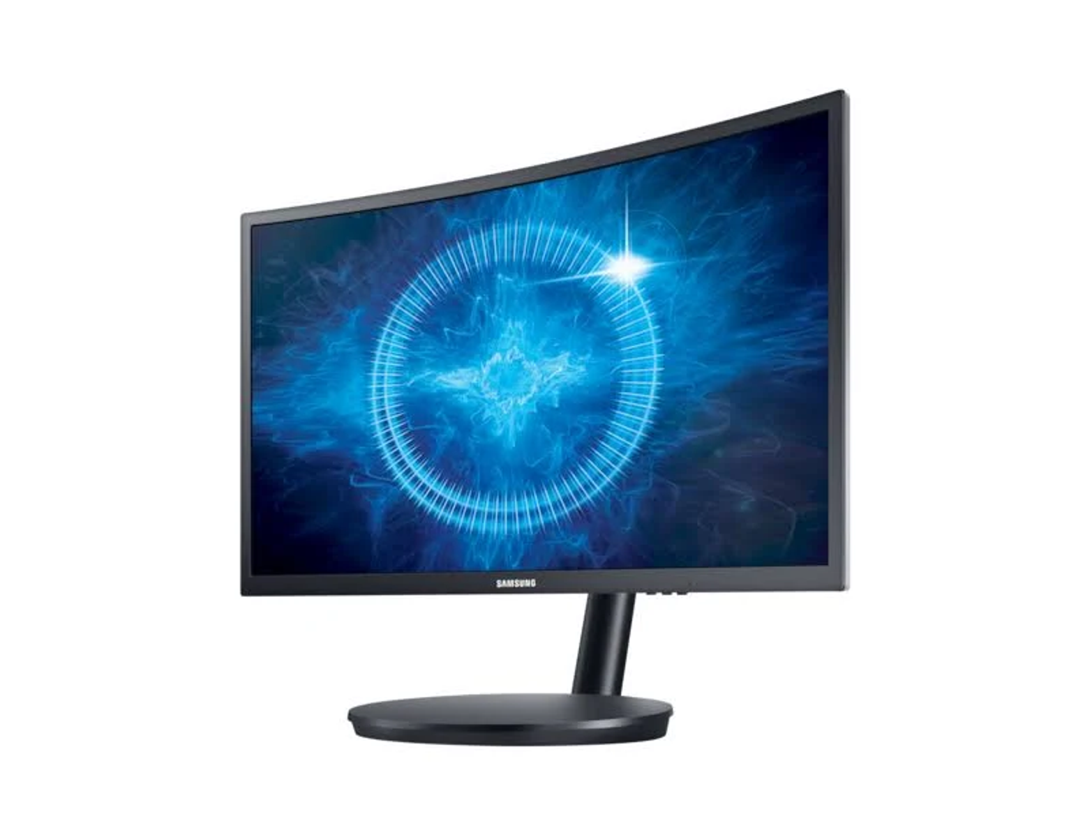 Monitor Samsung curvo che mostra un design circolare blu e bianco.