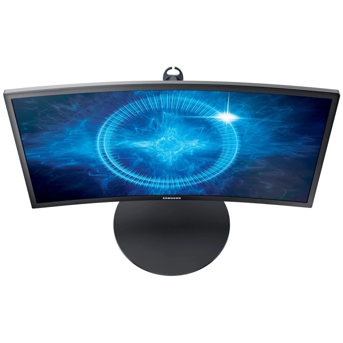 Vista dall'alto di un monitor Samsung curvo. Lo schermo mostra un design blu a spirale.