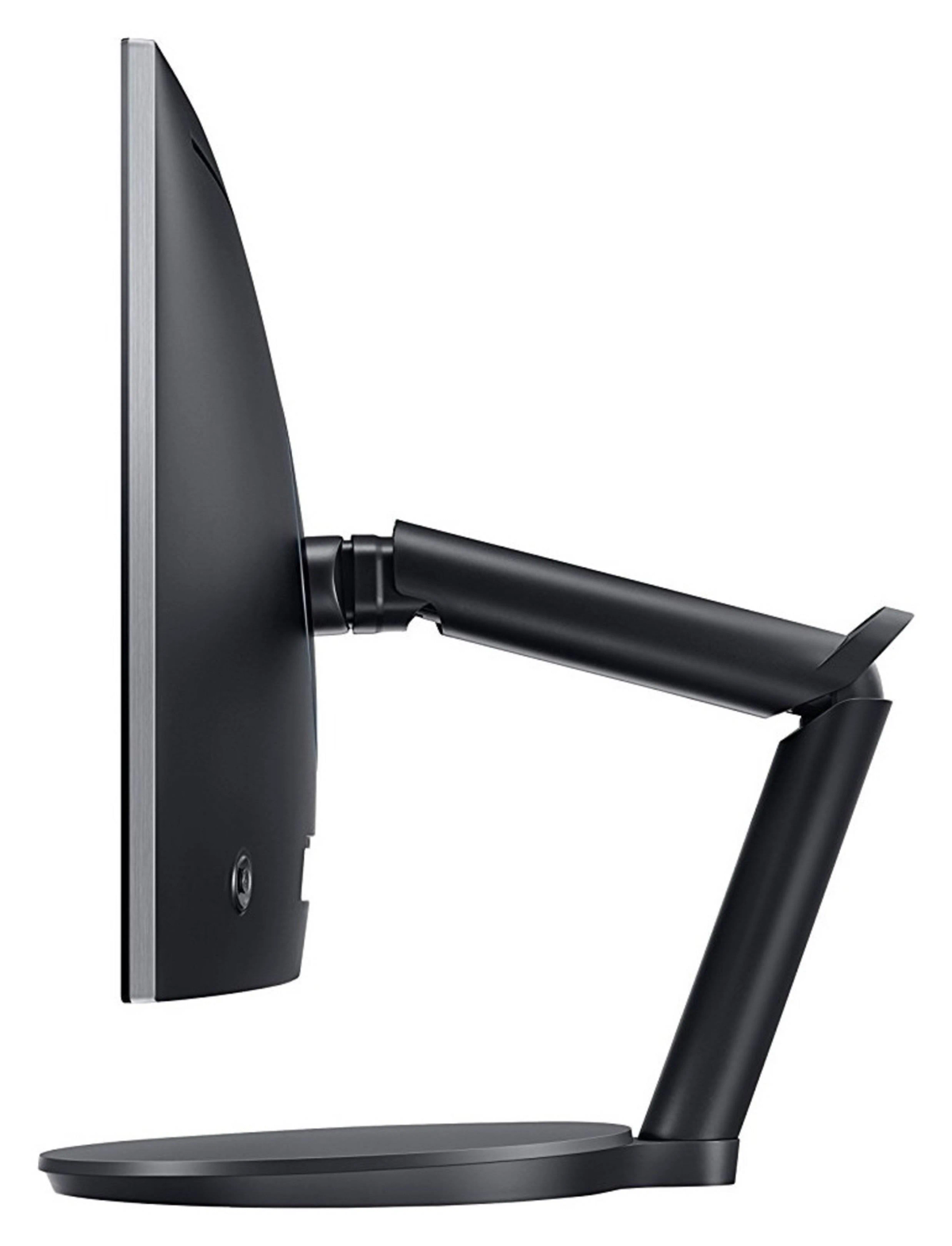 Un monitor del computer nero di lato, con un supporto collegato alla base.