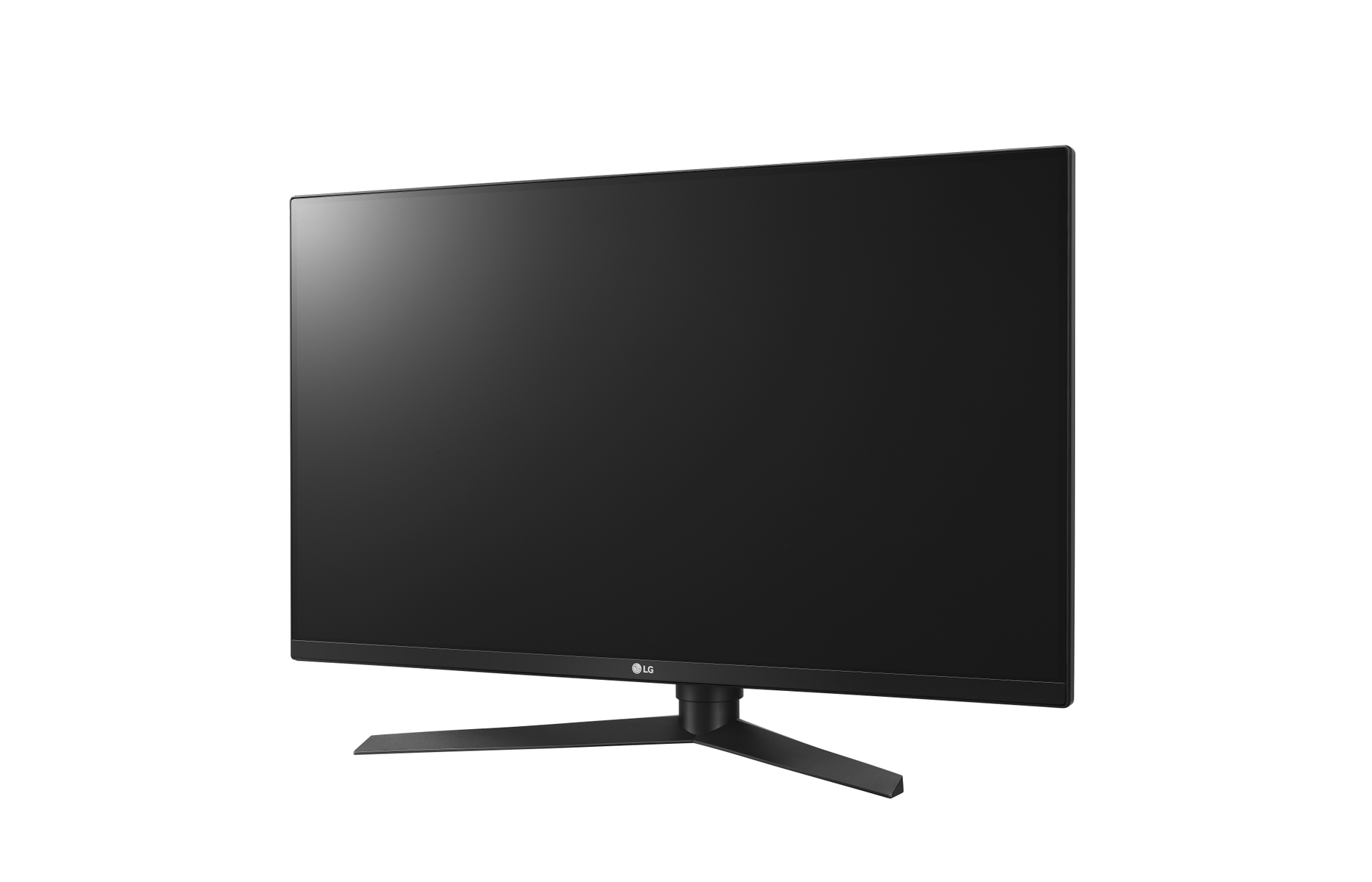 Monitor negro, vista en ángulo, con un soporte negro.