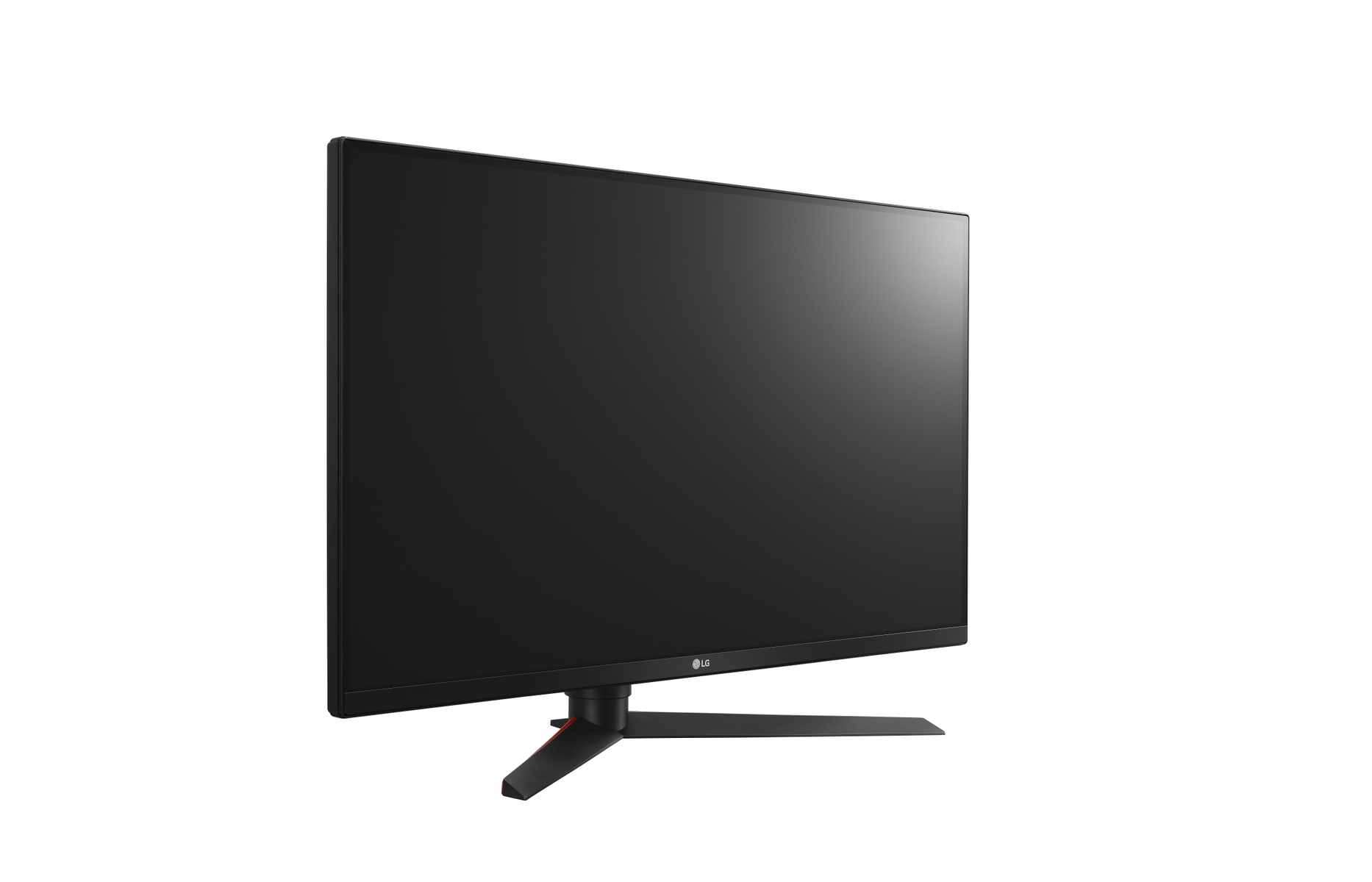 Monitor LG, pantalla negra, vista lateral, con soporte negro y detalles rojos sobre fondo blanco.