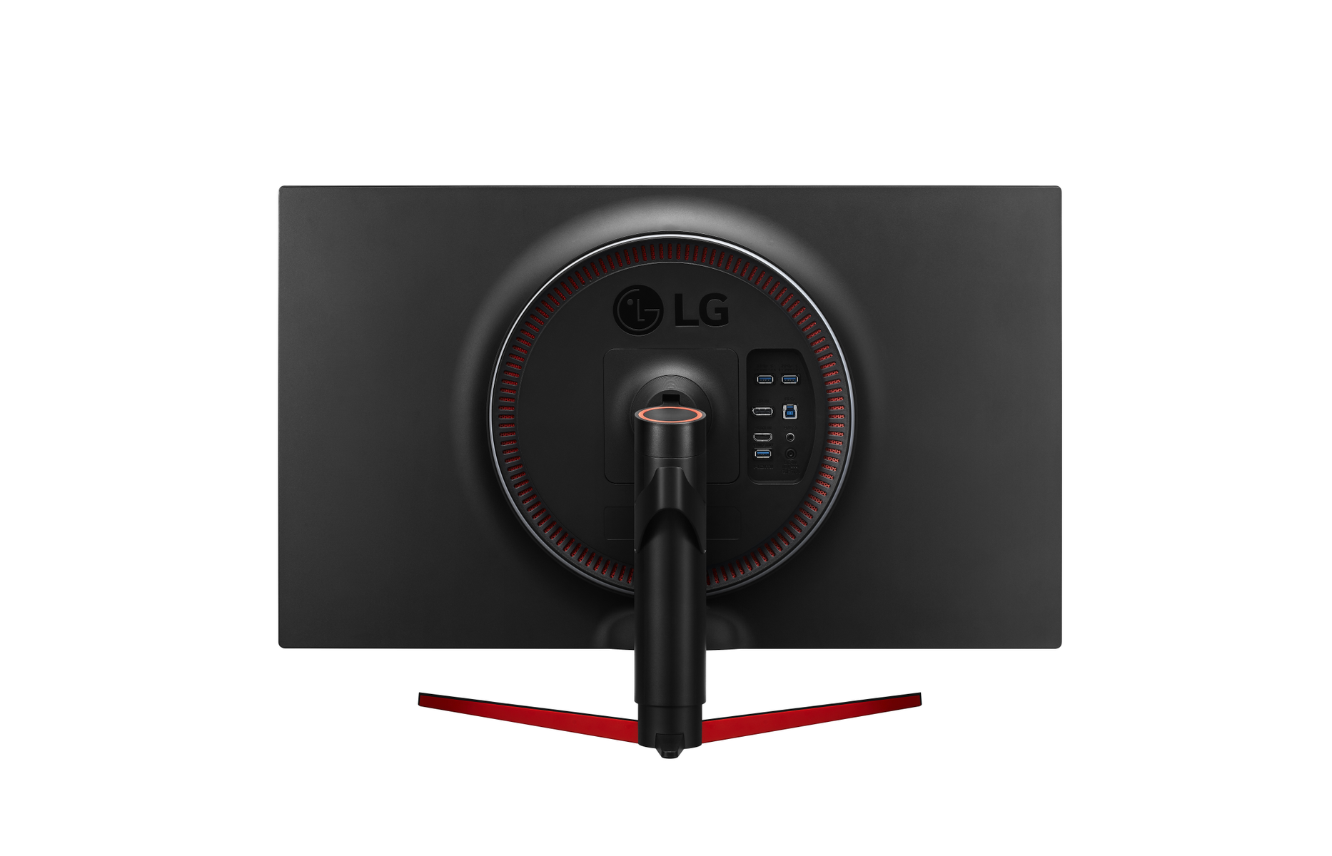 Parte trasera de un monitor gaming LG, negro con detalles rojos. Cuenta con puertos y un soporte robusto.